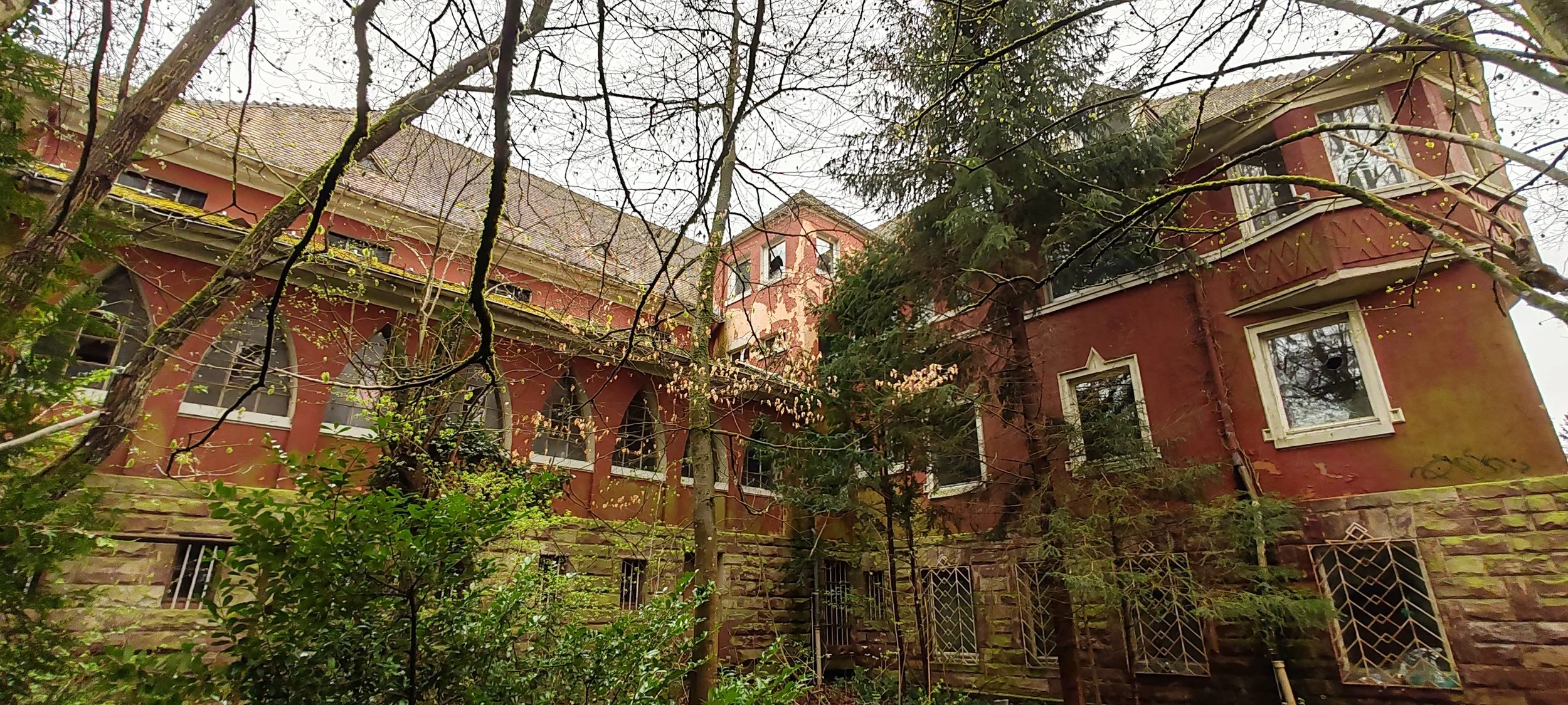 Ein altes, rotes Haus mit grüner Bewachsung und mehreren Fenstern, umgeben von Bäumen und Sträuchern.