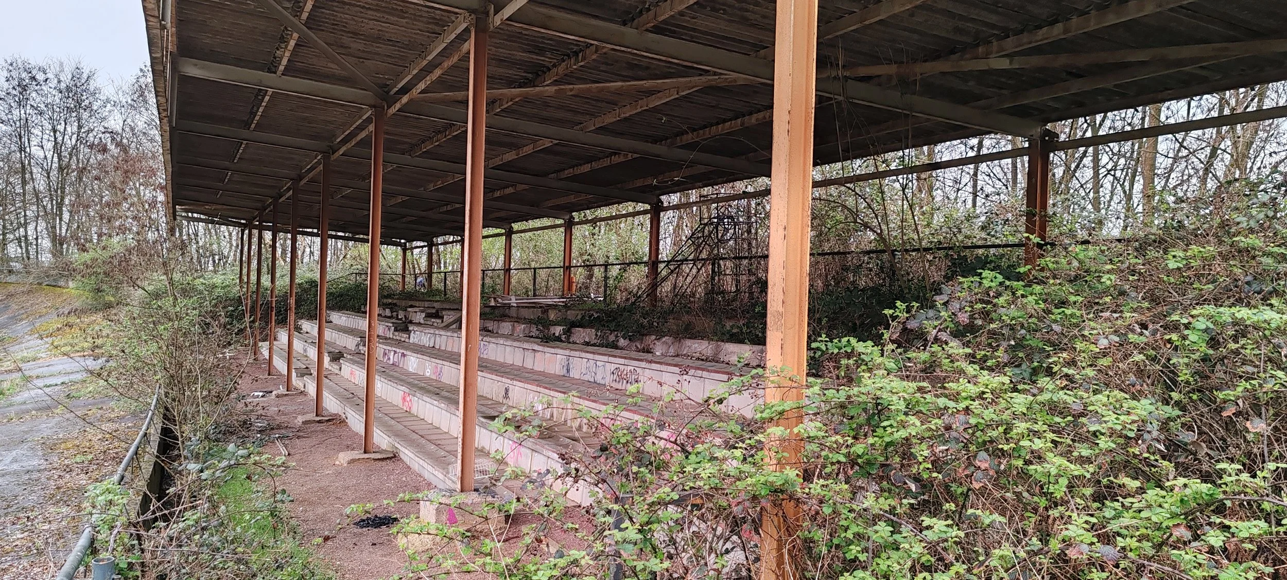 Verfallene, leerstehende Tribüne mit Graffiti, umgeben von Unkraut und Bäumen in der Natur.