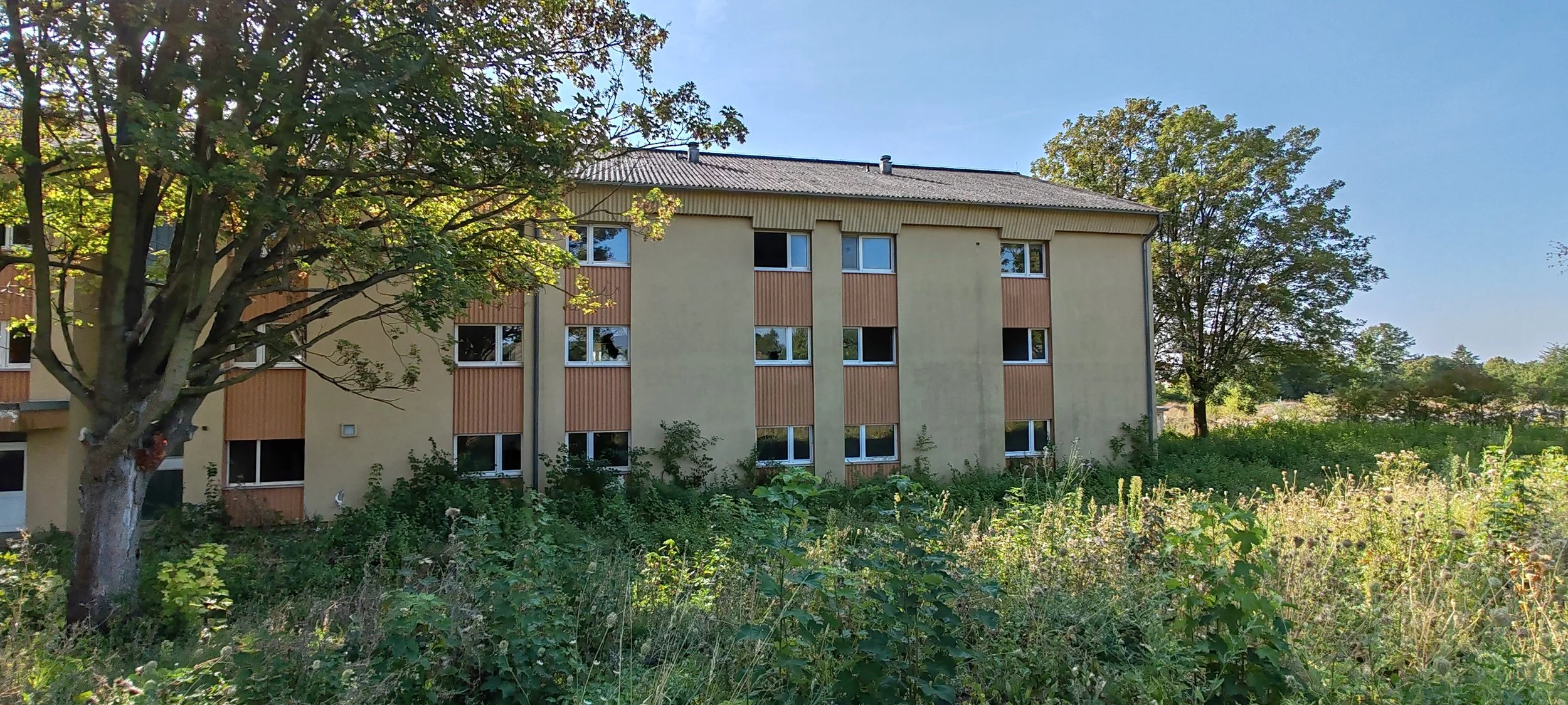 Ein mehrstöckiges Wohngebäude mit gelb gestrichenen Wänden und Holzverkleidungen um die Fenster, umgeben von Büschen und Bäumen, bei sonnigem Himmel.