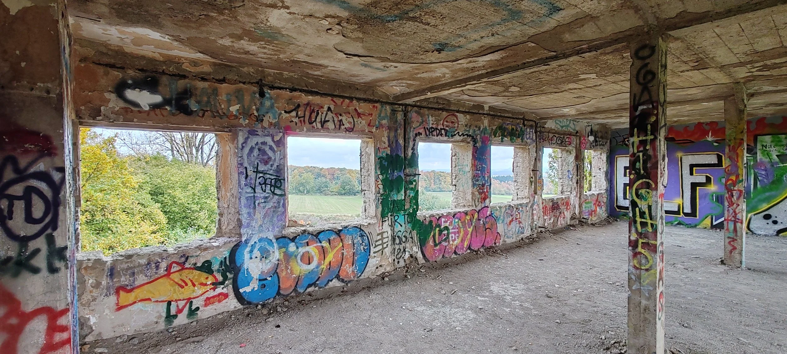 Verfallene, graffiti-verschmierte Ruine mit mehreren Fensteröffnungen, Blick auf eine grüne Landschaft im Hintergrund.