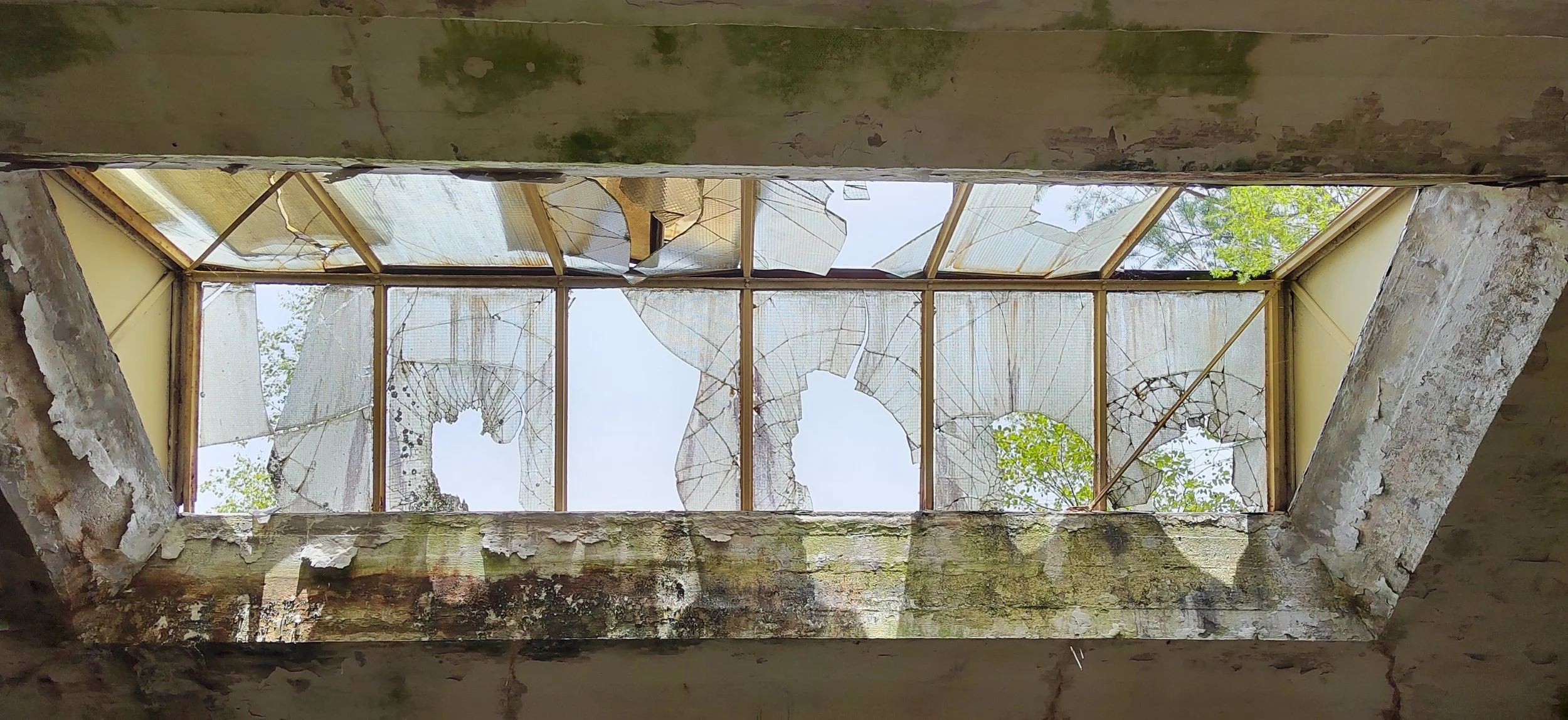 Ein zerbrochener Glasdach in einem alten Gebäude mit sichtbarer Zerstörung und verursachter Durchsicht auf den Himmel und Bäume außerhalb.