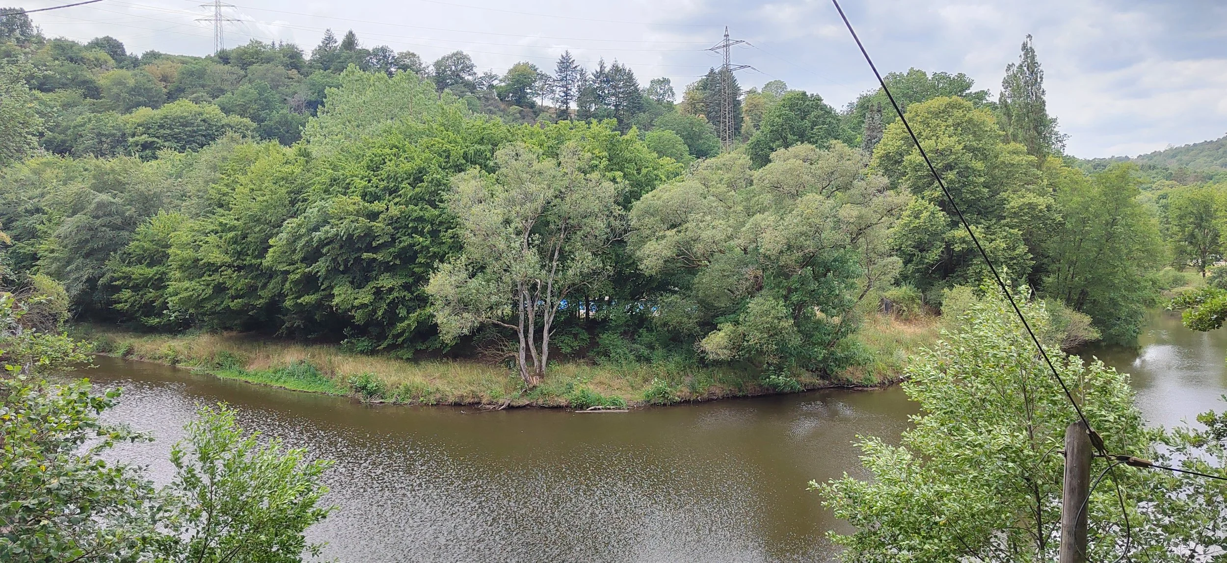 Ein Fluss fließt durch eine grüne, bewaldete Landschaft mit Bäumen und Hügeln im Hintergrund.