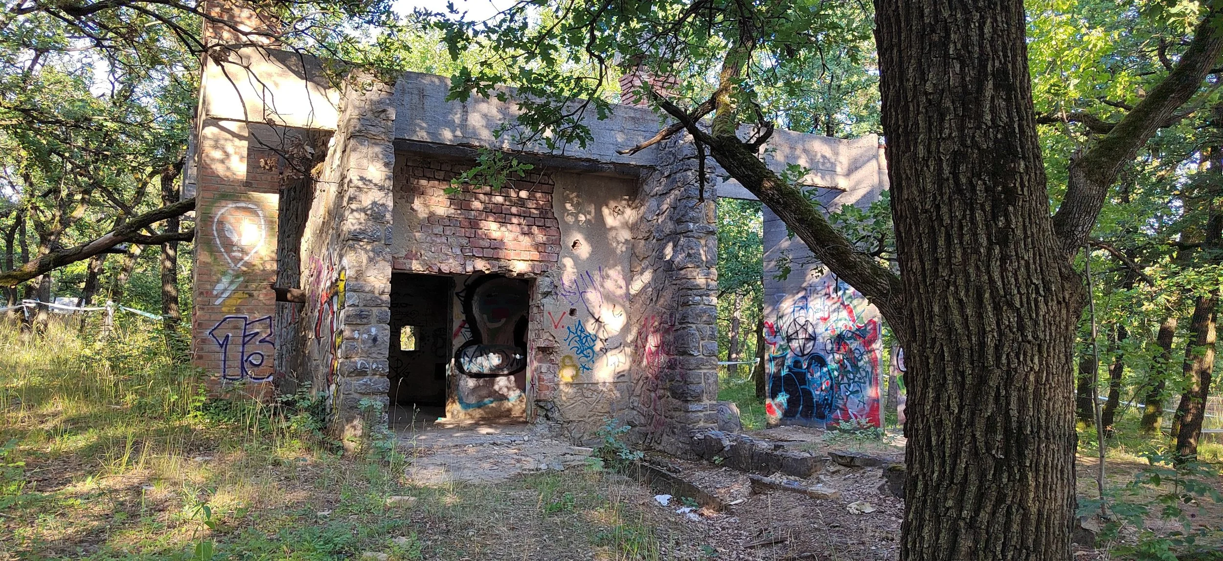 Verfallene Stein- und Ziegelruine in einem bewaldeten Gebiet, teilwiese mit Graffiti bedeckt