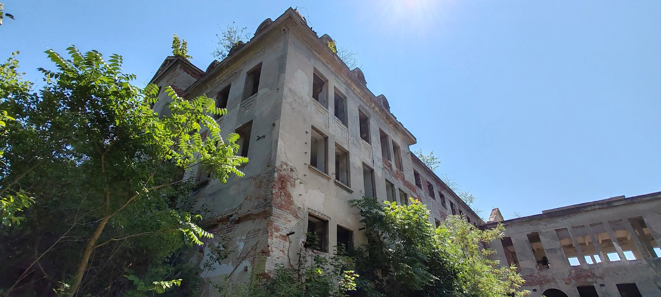 Verfallenes altes Haus mit bröckelnder Fassade, umgeben von grünen Bäumen, bei strahlendem Sonnenschein und blauen Himmel.