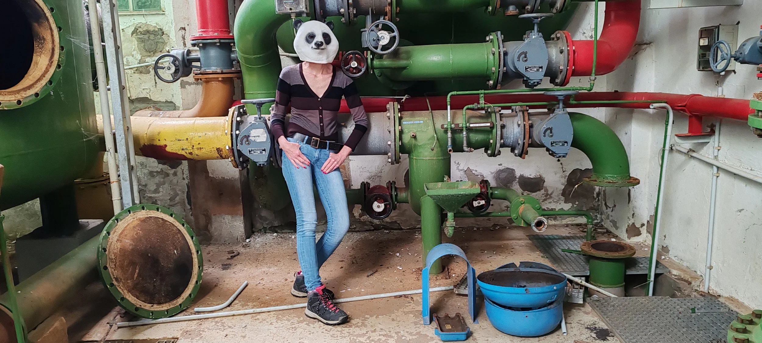 Person mit einer Panda-Maske vor einer komplexen Anordnung von grünen, gelben und roten Rohren in einem technischen Raum, der auf Alt gebaut ist.