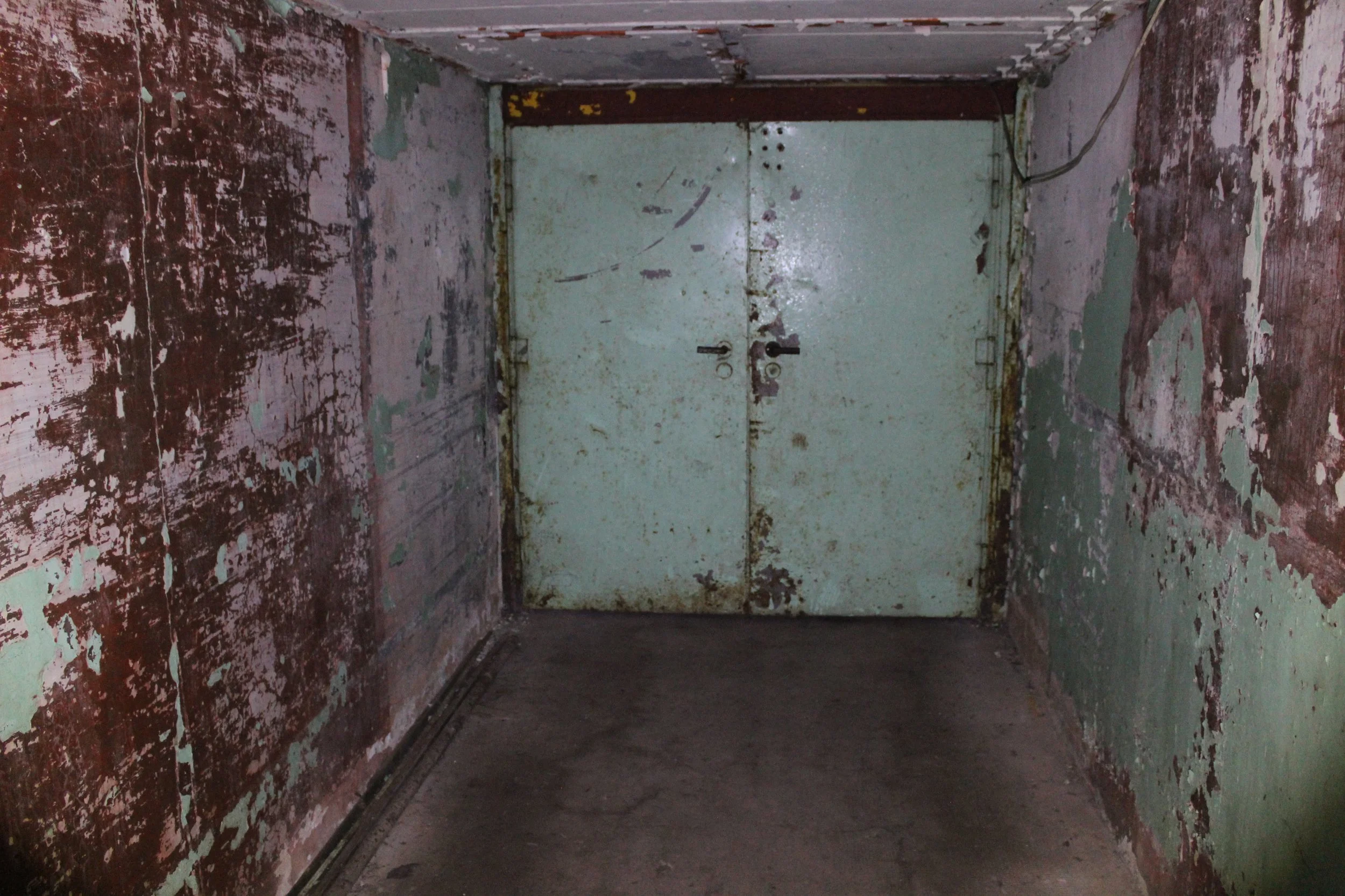 Ein alter, verrosteter und abgeblätterter Flur mit einer großen grünen Metalltür am Ende.