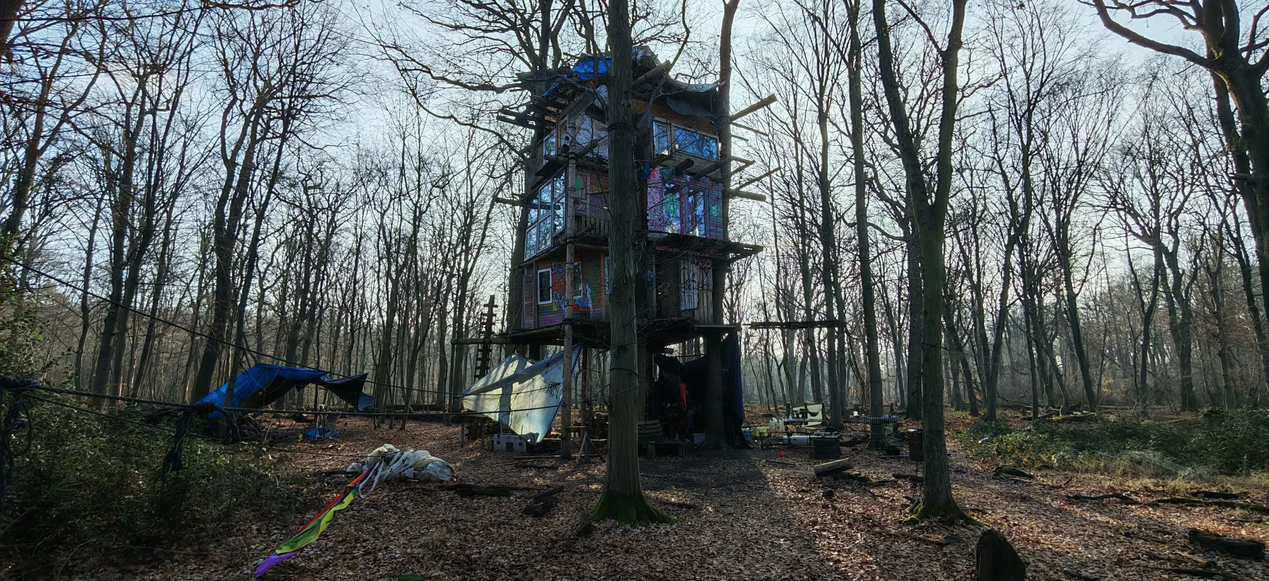 Ein Baumhaus im Wald, gebaut aus recycelten Materialien mit Graffiti an den Wänden. Es ist mehrstufig, hat mehrere Fenster und ist umgeben von Bäumen ohne Blätter.