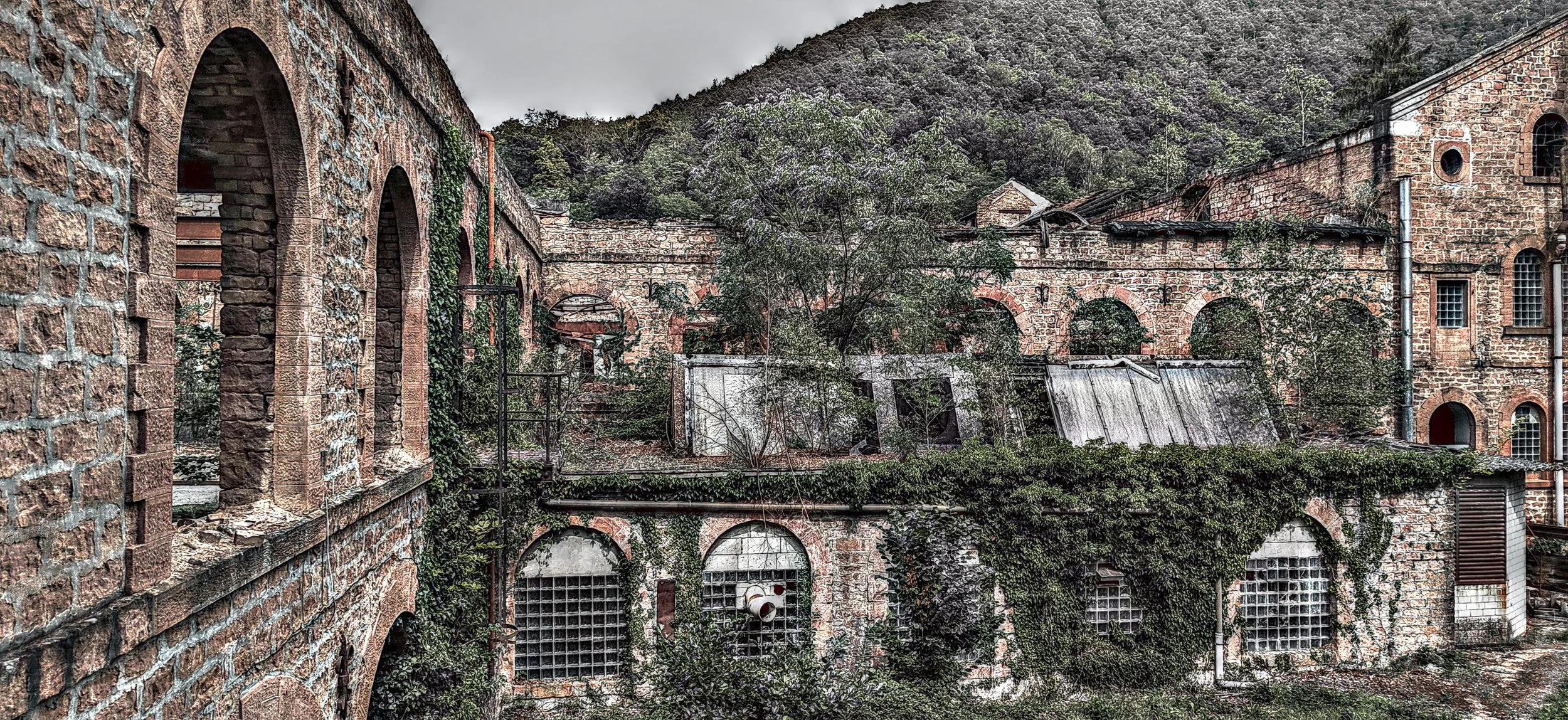 Verfallene Industriegebäude aus rotem Backstein mit durchwachsender Vegetation und Fenstern, im Hintergrund bewaldete Hügel.