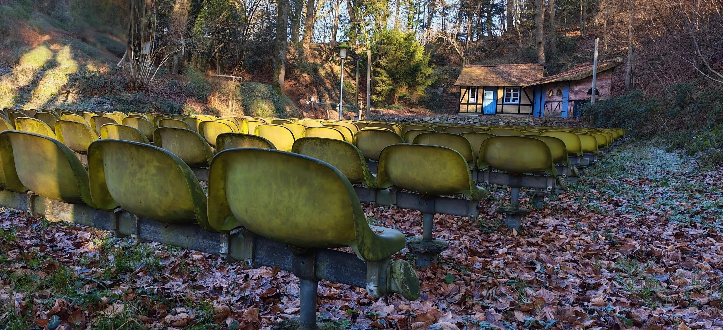 Verwaiste alte gelbe Sitzbänke im Freien vor einem Wald mit einem kleinen Haus im Hintergrund.