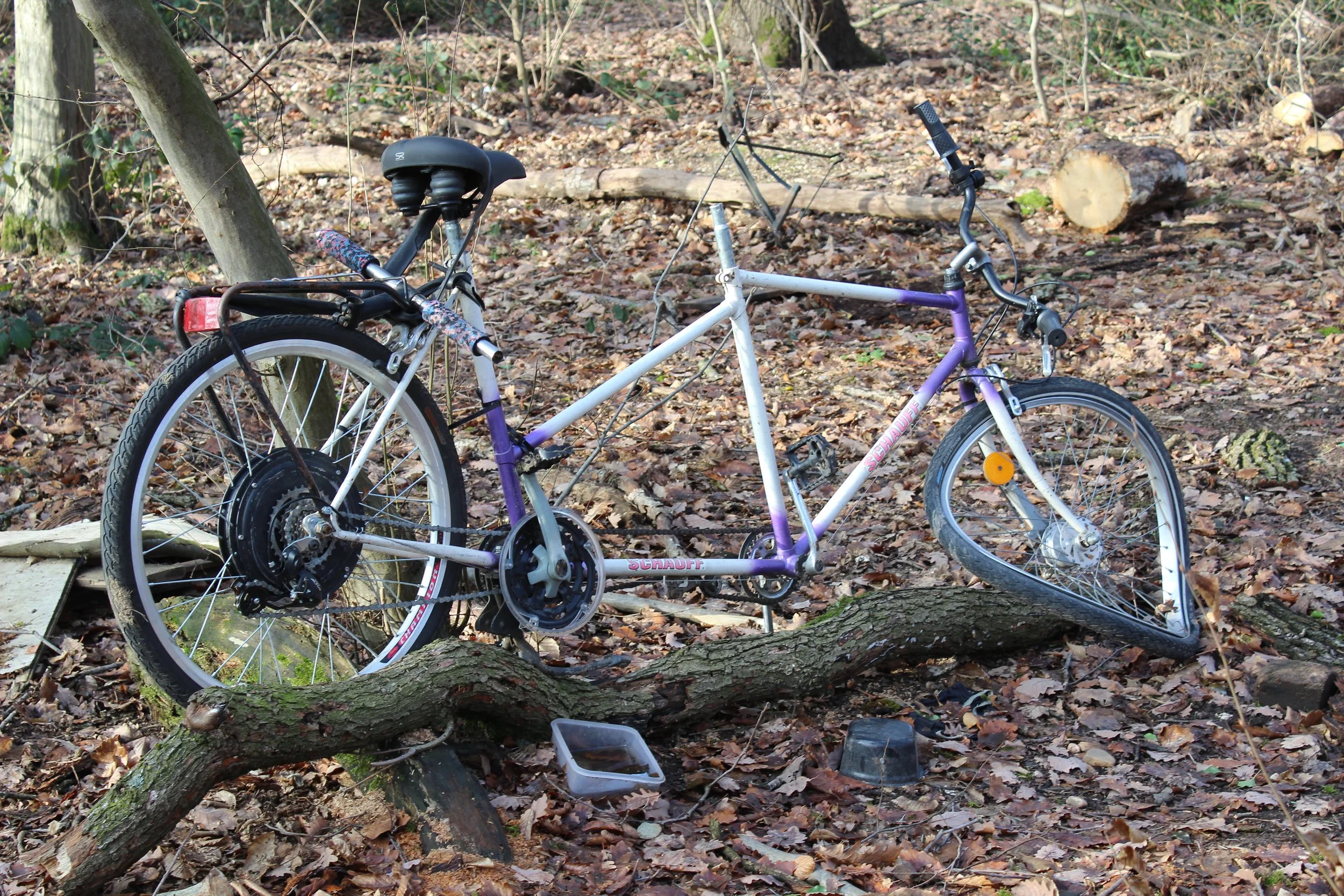 Ein Fahrrad liegt auf dem Boden in einem Wald mit Laubblättern, umgeben von Bäumen und Ästen.