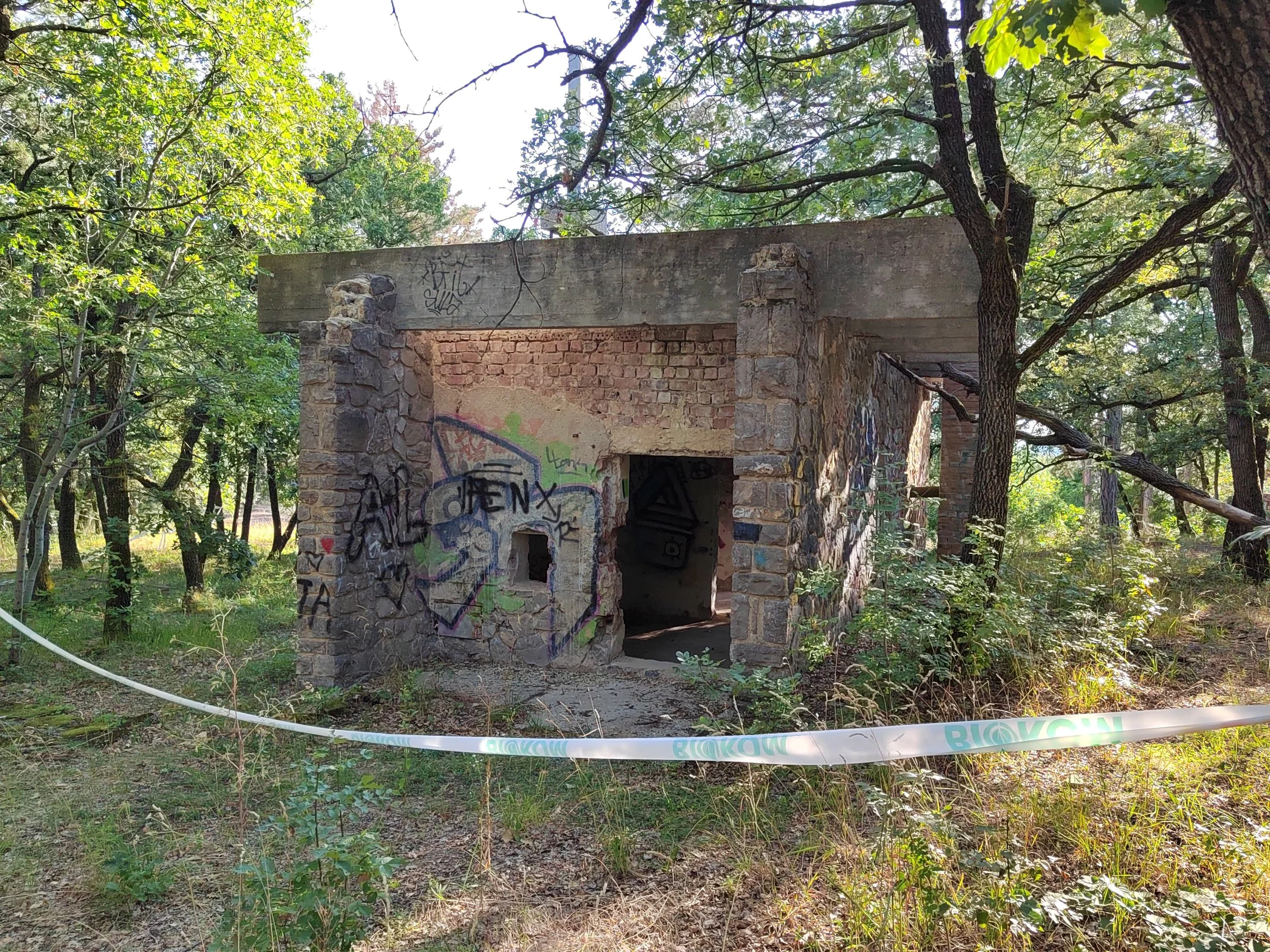 Verfallene kleine Bauwerk aus Steinen und Holz, umgeben von Bäumen und Sträuchern, mit Graffiti auf den Wänden, im Wald.