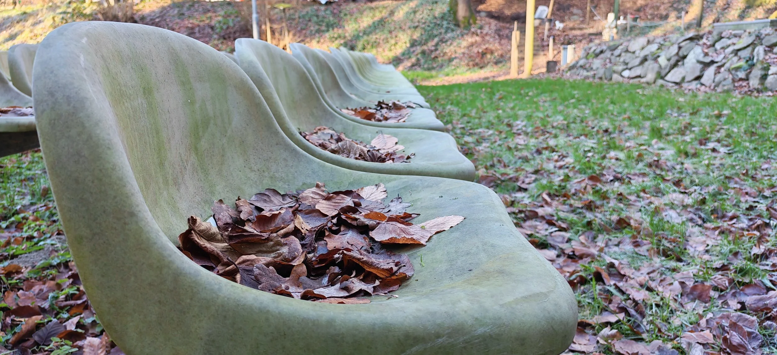 Mehrere grüne Sitzbänke im Freien, bedeckt mit trockenen Laubblättern, in einer parkähnlichen Umgebung mit Gras, Bäumen und Hügel im Hintergrund.