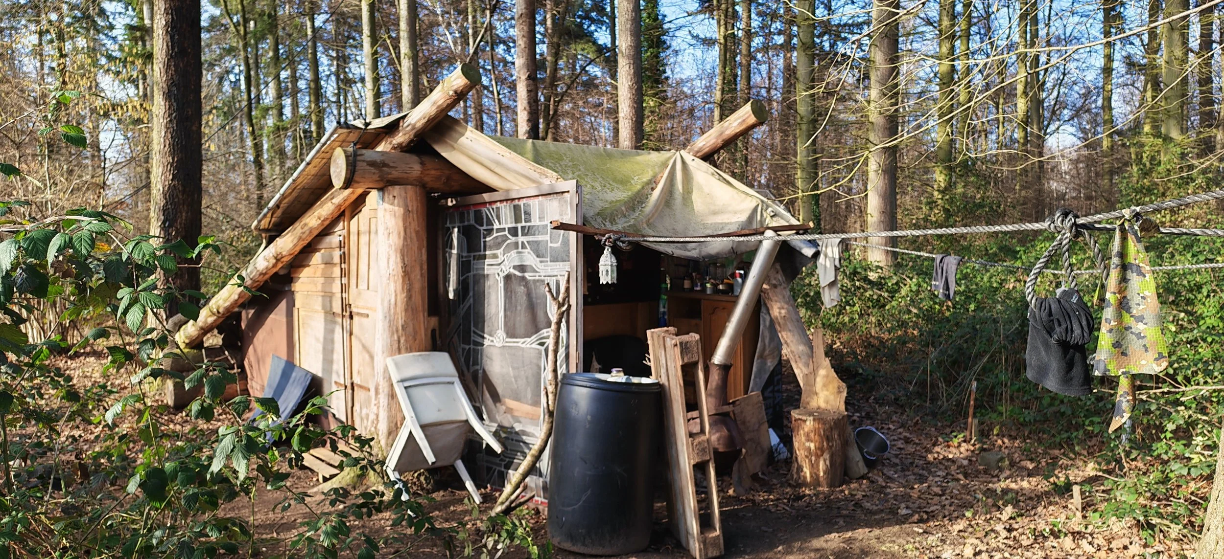 Ein provisorischer Unterschlupf im Wald aus Holz und Planen, mit Wäscheleine mit Kleidung und Handtüchern, umgeben von Bäumen und Blättern.