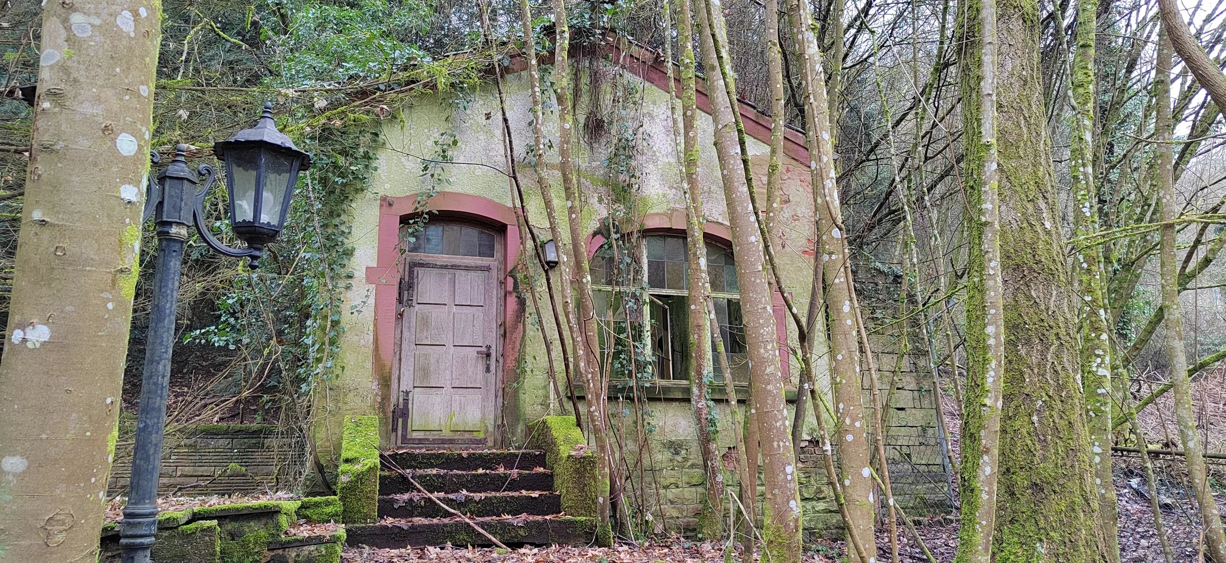 Verfallenes Haus in einem bewaldeten Gebiet, umgeben von Bäumen, mit einer alten Tür, verrostete Treppe und einem alten Laternenpfosten.