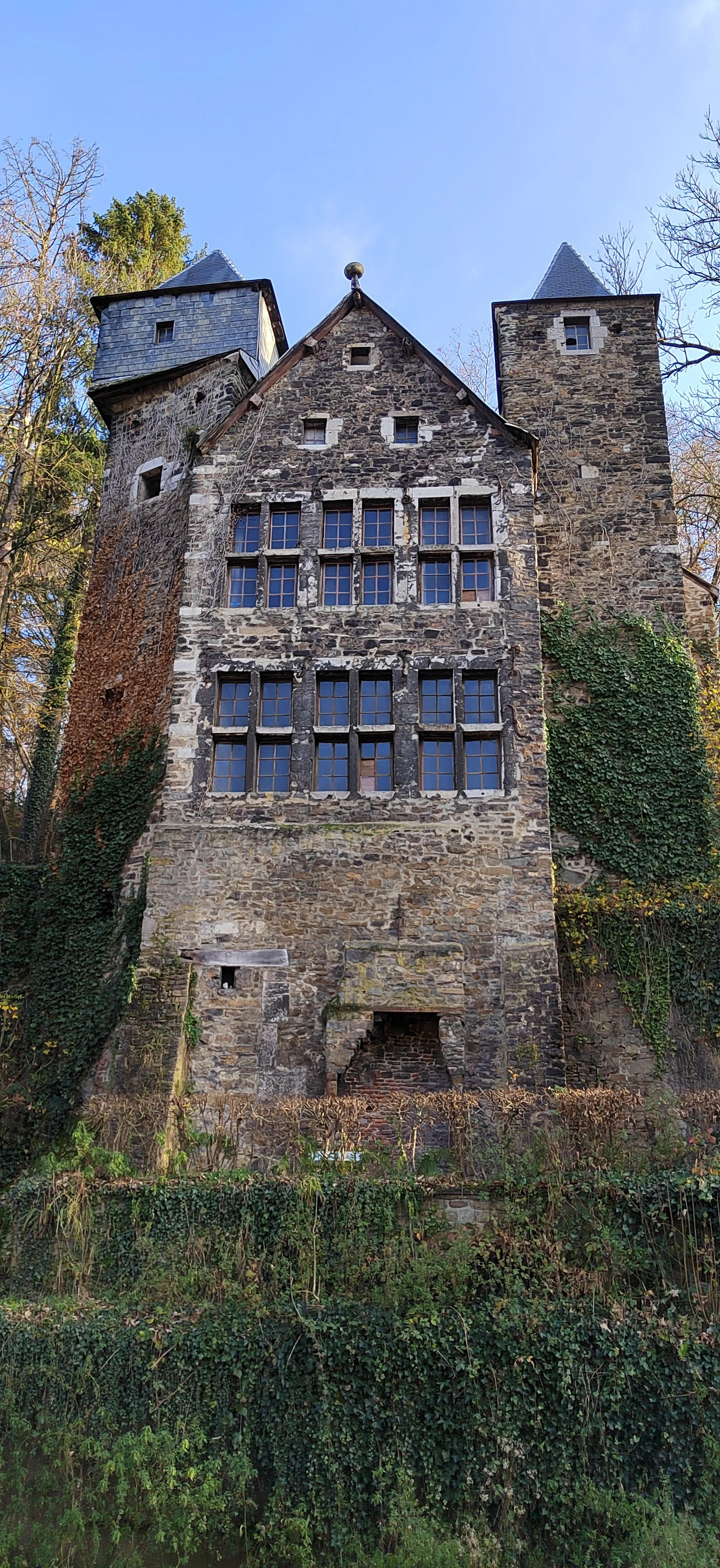 Ein altes steinernes Schloss mit mehreren Türmen, umgeben von Bäumen und Pflanzen, unter klarem blauen Himmel.