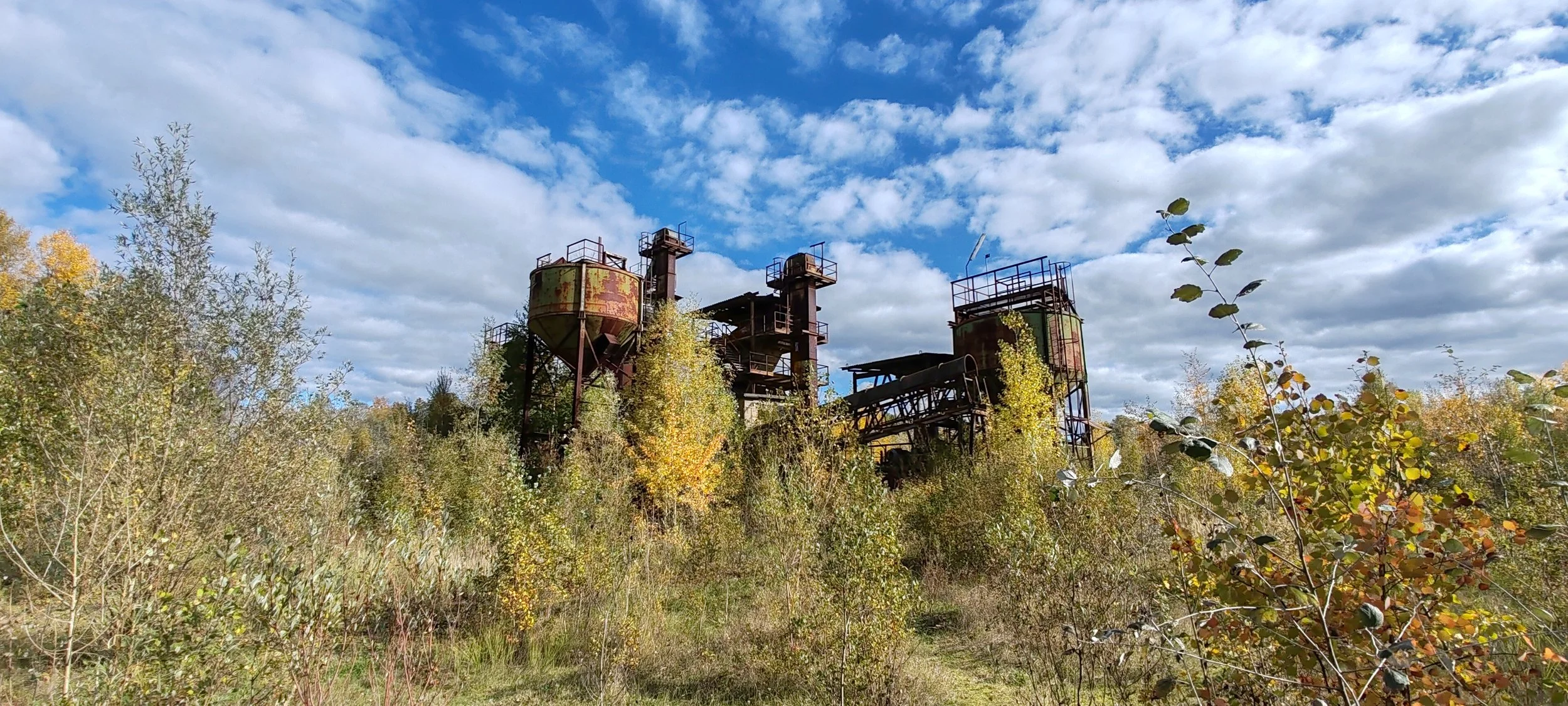 Ein verlassener, rostiger Industriekomplex steht im Hintergrund, umgeben von wild wachsendem Gestrüpp und Büschen, unter einem bewölkten blauen Himmel.