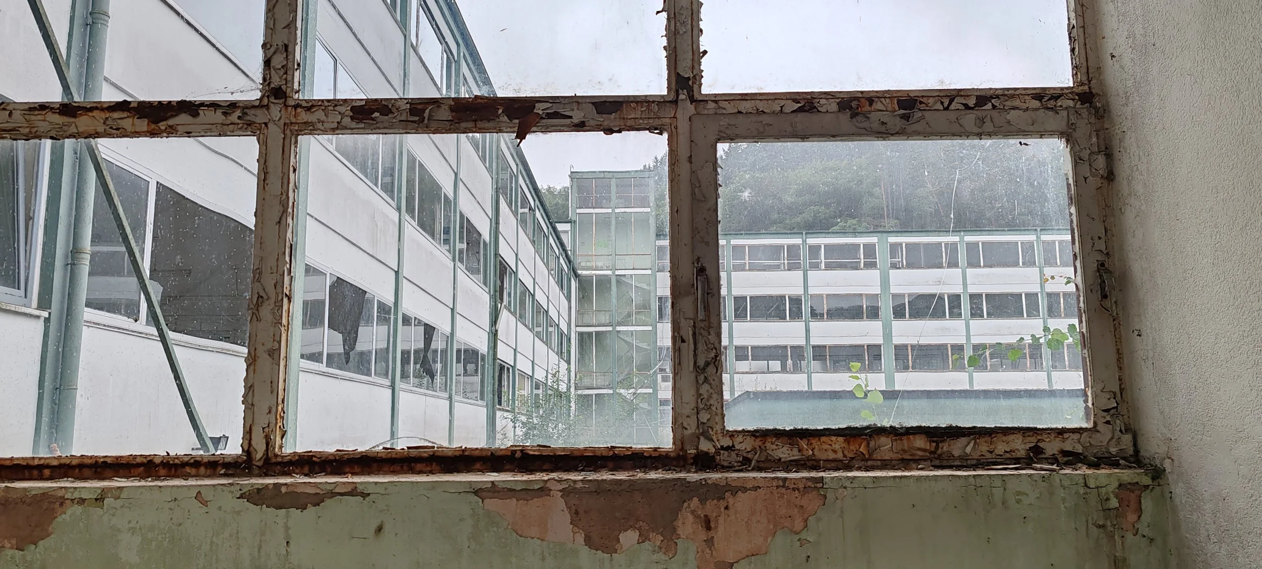 Ein verrostetes Fenster mit sechs Scheiben Blick auf eine moderne Bürogebäude. Das Fenster ist alt und beschädigt, die Wand darunter ist abgeblättert.