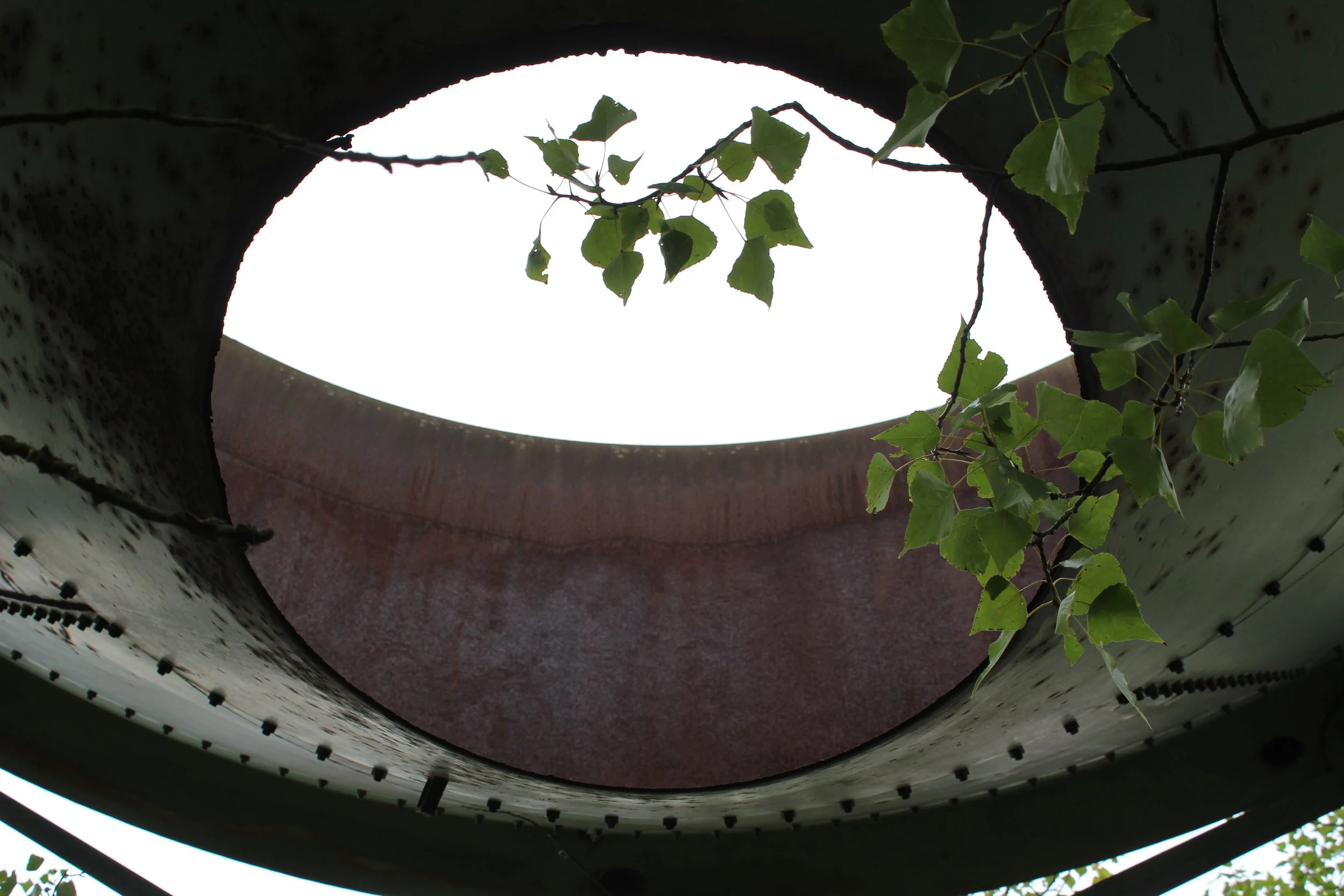 Blick nach oben durch ein rundes Loch in einer großen Metallstruktur, umgeben von grünen Blättern.