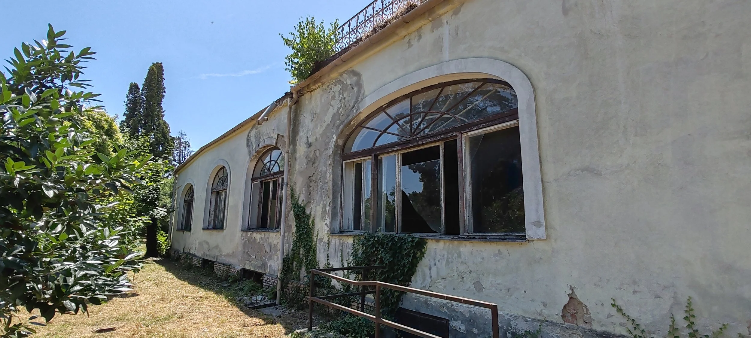 Verfallenes Haus mit vier großen, bogenförmigen Fenstern, teilweise von Efeu überwachsen, im Garten mit Büschen und Bäumen, blauer Himmel.