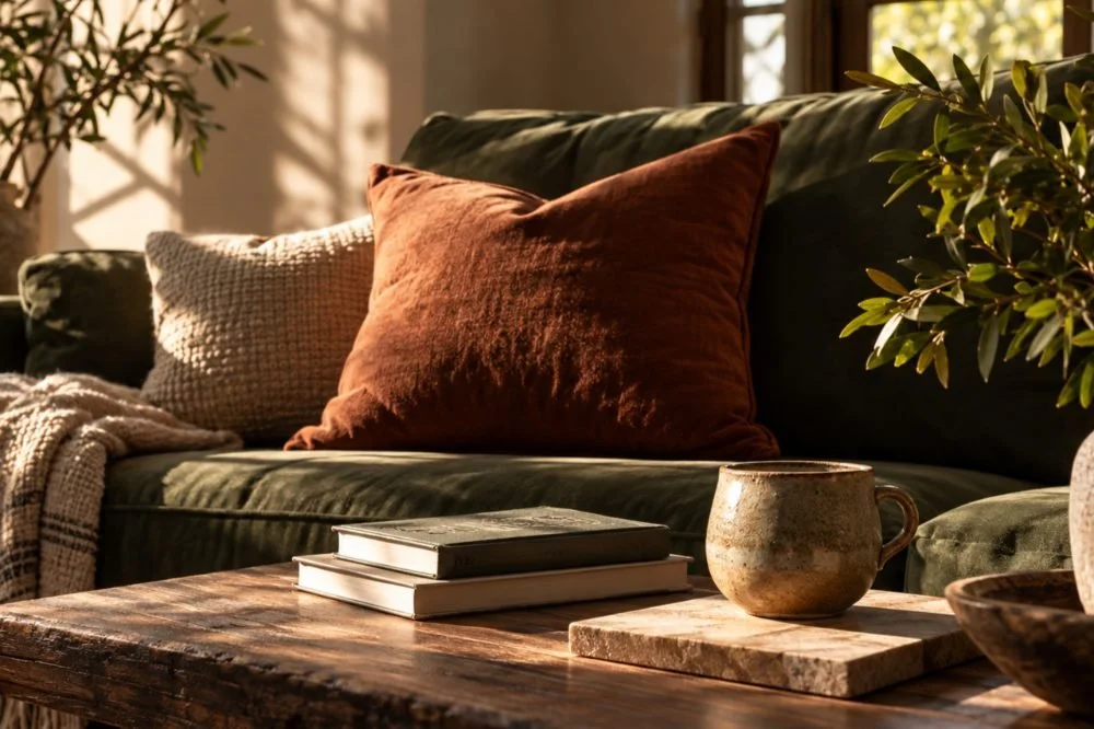 Green sofa with rust and cream pillows beside a wooden coffee table holding books and a handmade mug