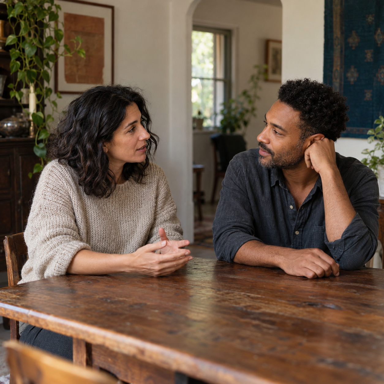 Woman and man talking at a wooden table in a warm, plant-filled room