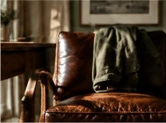 Worn brown leather armchair with a green jacket draped over the back