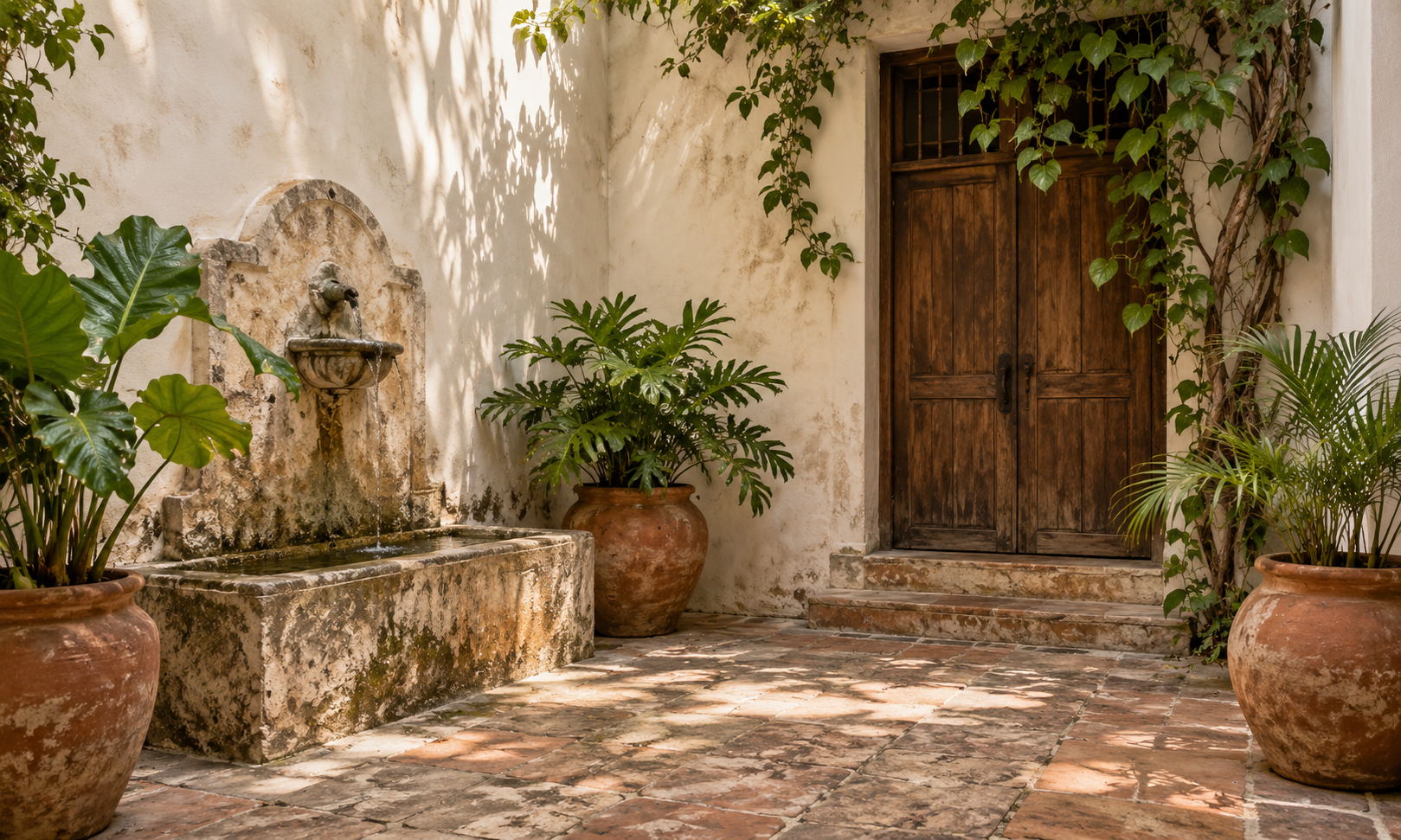 Stone courtyard fountain on a weathered wall with potted plants in Puerto Rico