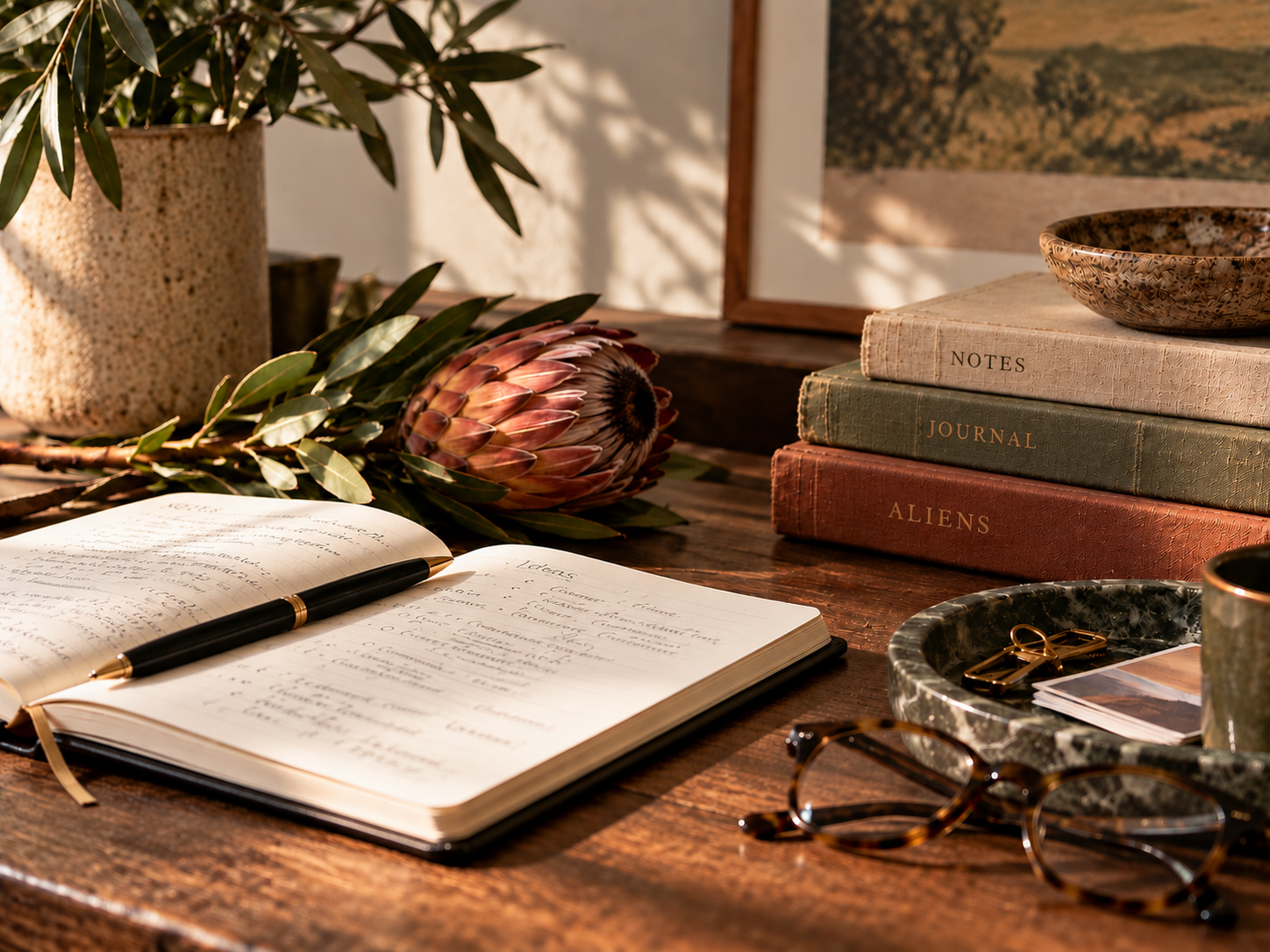 A pink protea flower beside an open notebook and a pen, with a stack of books on a wooden desk in warm light