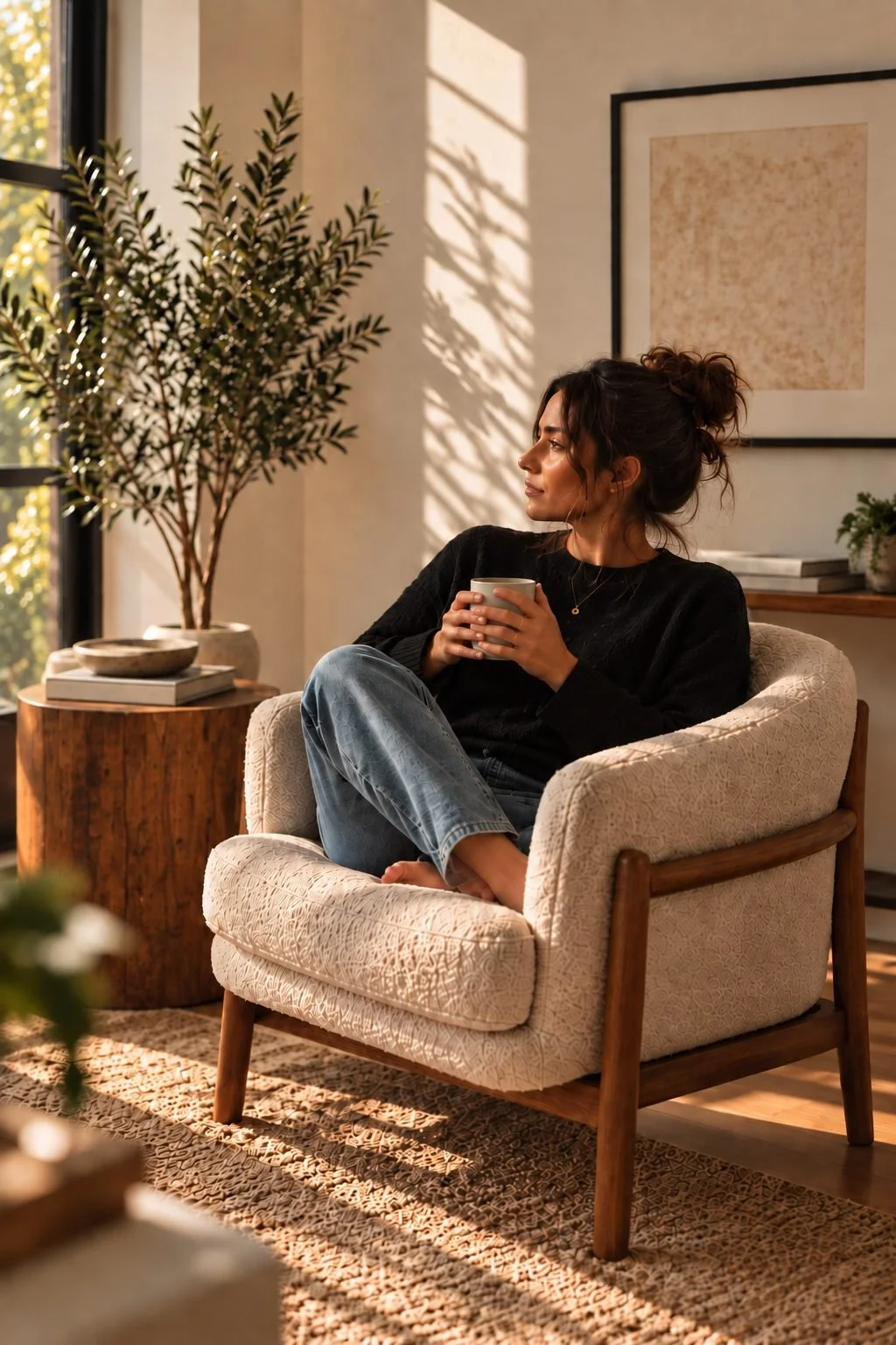 A woman in a black sweater and jeans sitting curled up in a cream armchair, holding a mug and looking out a window