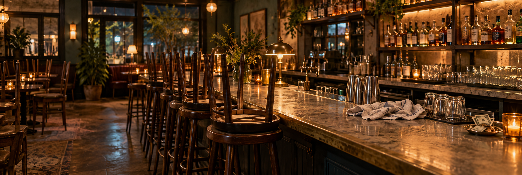 An empty neighborhood bar after closing, with stools turned up and glasses drying.