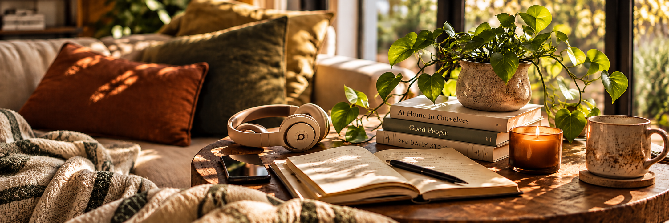 A candle, stacked books, an open notebook with a pen, a trailing plant and a ceramic mug on a table by a window