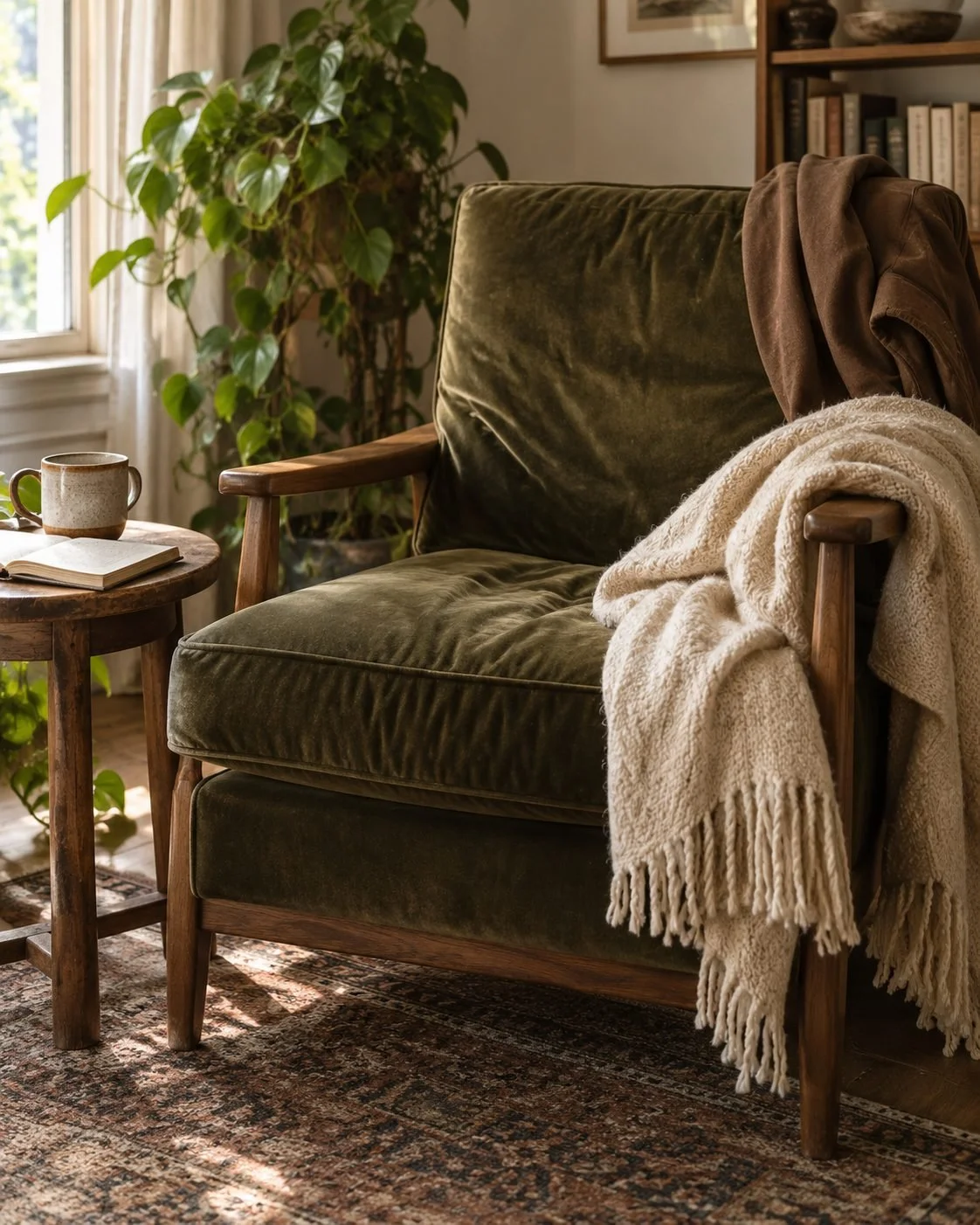 Olive green velvet armchair draped with a cream knit blanket, beside a side table with a mug and open book in a sunlit room with plants
