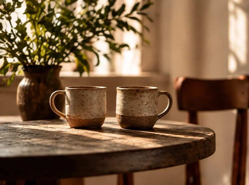 Two speckled ceramic mugs on a small round wooden table in a sunlit room with a leafy plant