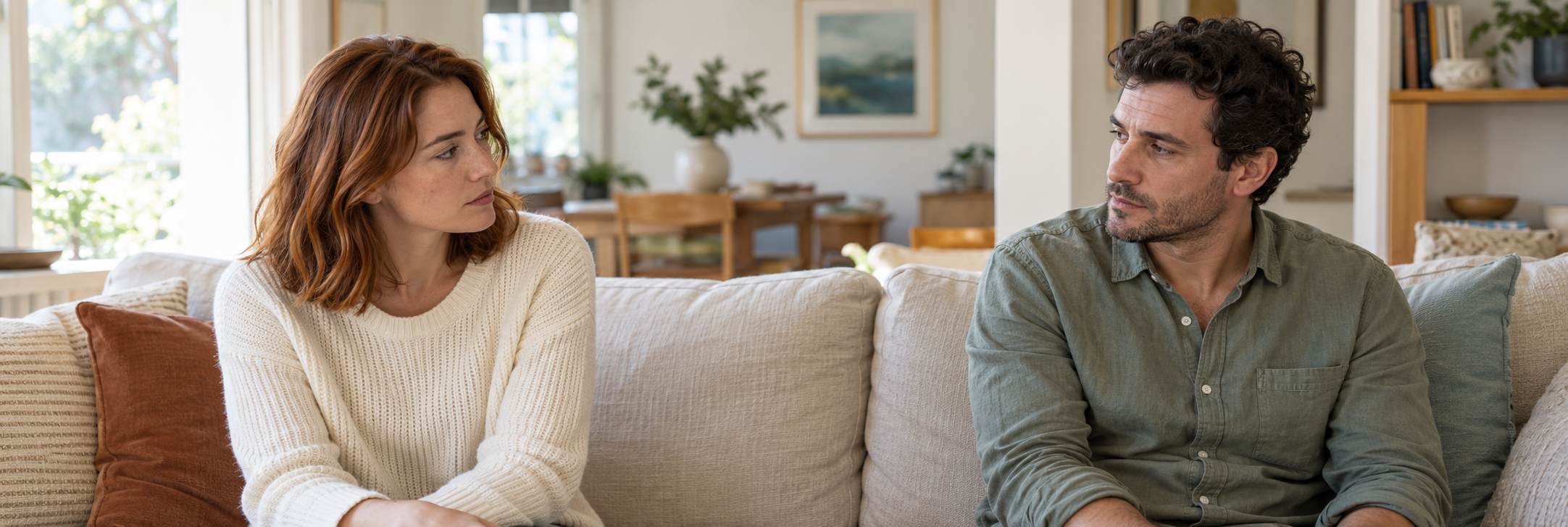 A couple seated apart on a sofa in a bright living room, turned toward each other with tense expressions