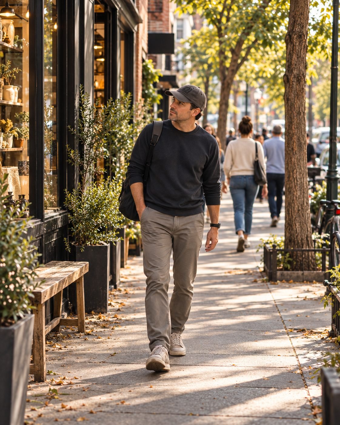 Man in a cap and dark sweater walking down a tree-lined city sidewalk past storefronts