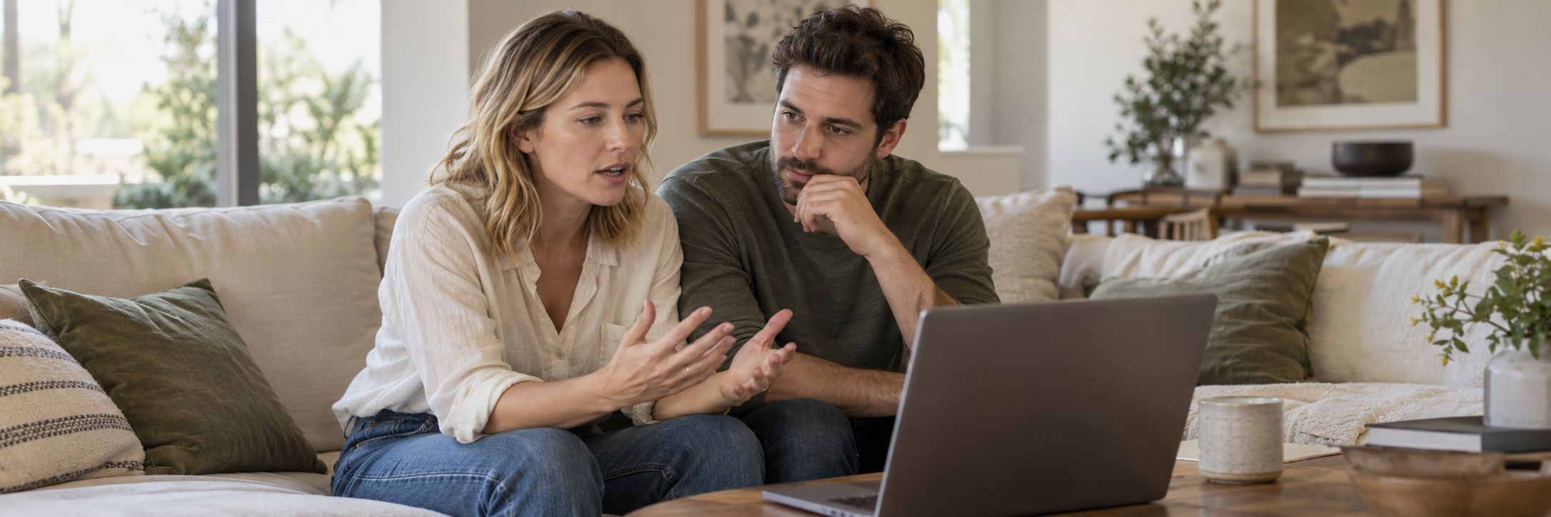 A couple having an attentive conversation during an online therapy session.