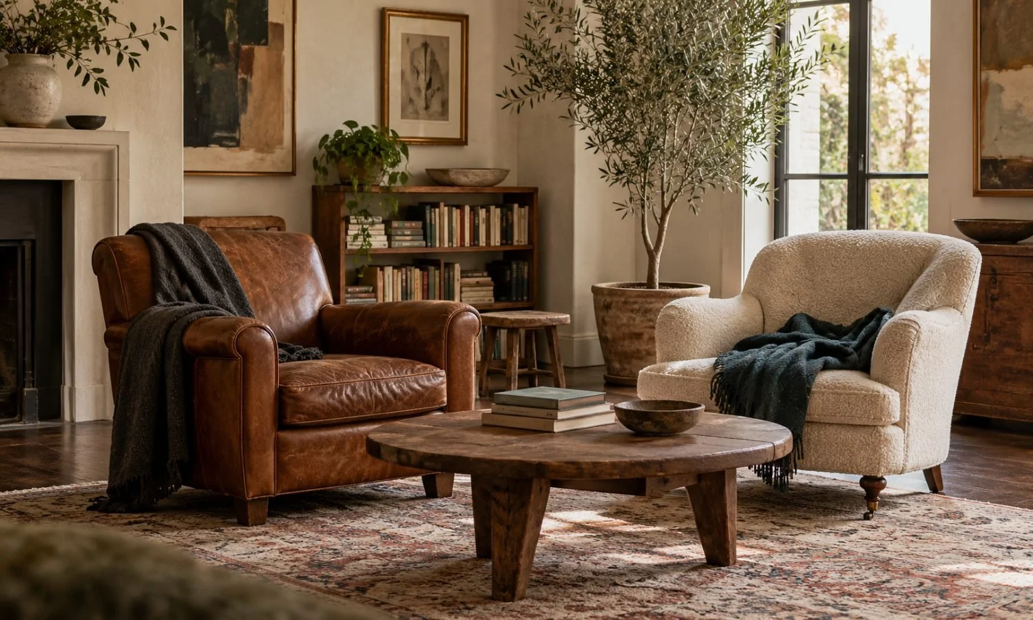 Living room with a brown leather armchair and a cream bouclé armchair facing a round wood coffee table, with an olive tree and bookshelf behind
