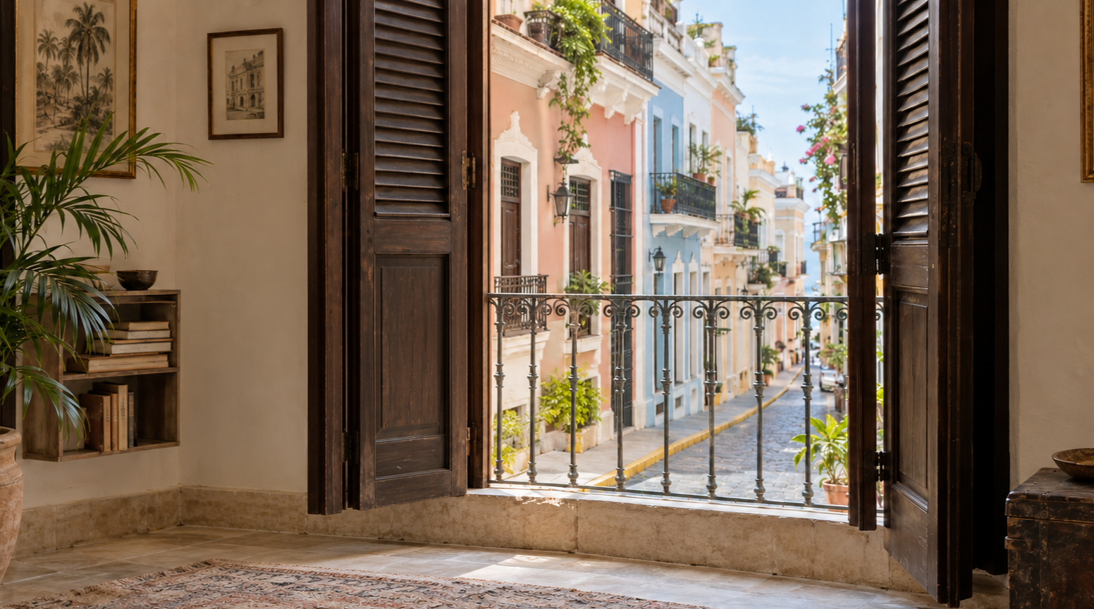 Open balcony door looking onto a pastel-colored street in Old San Juan