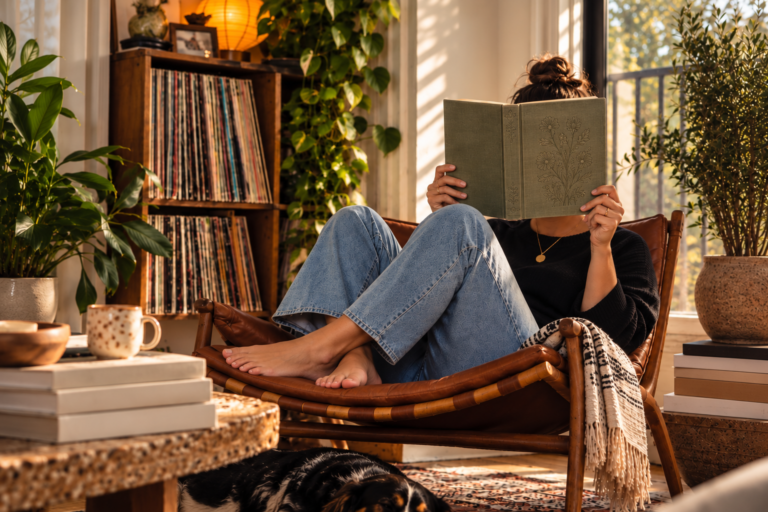 A woman in jeans curled up in a leather chair, her face hidden behind an open book, surrounded by plants and bookshelves