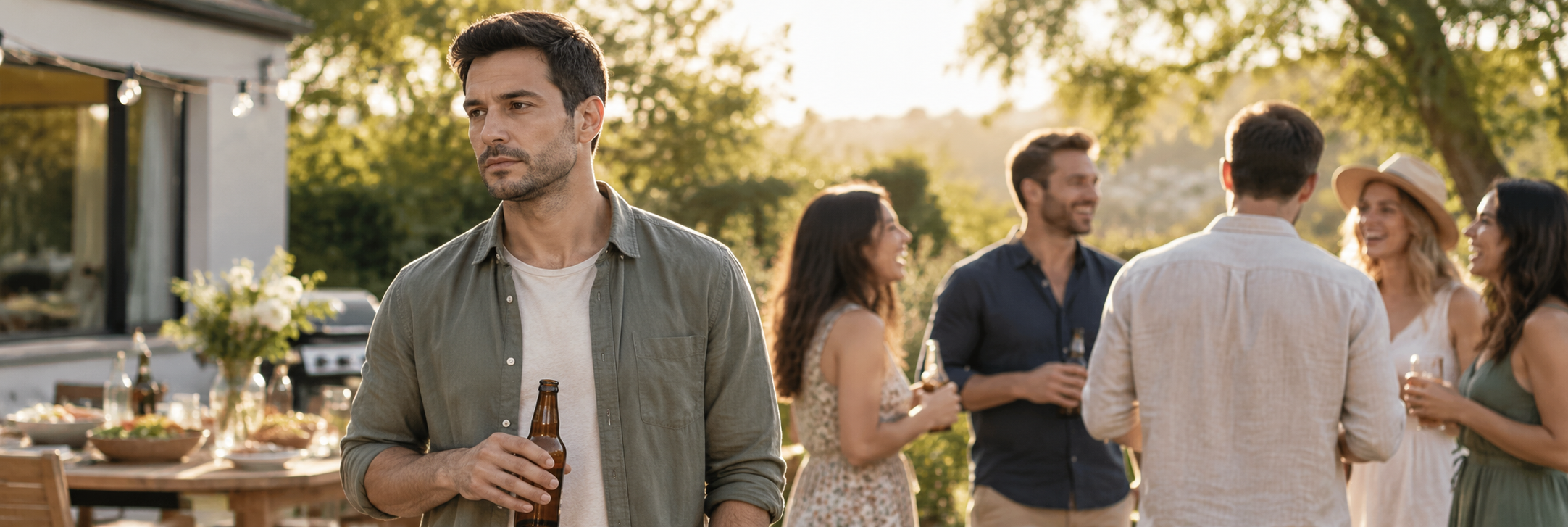 A man standing apart from a gathering, looking distant while others talk behind him.