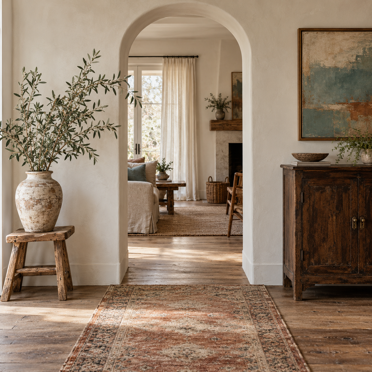 Living room seen through an arched doorway, with a wooden sideboard, large plant, artwork, and fireplace