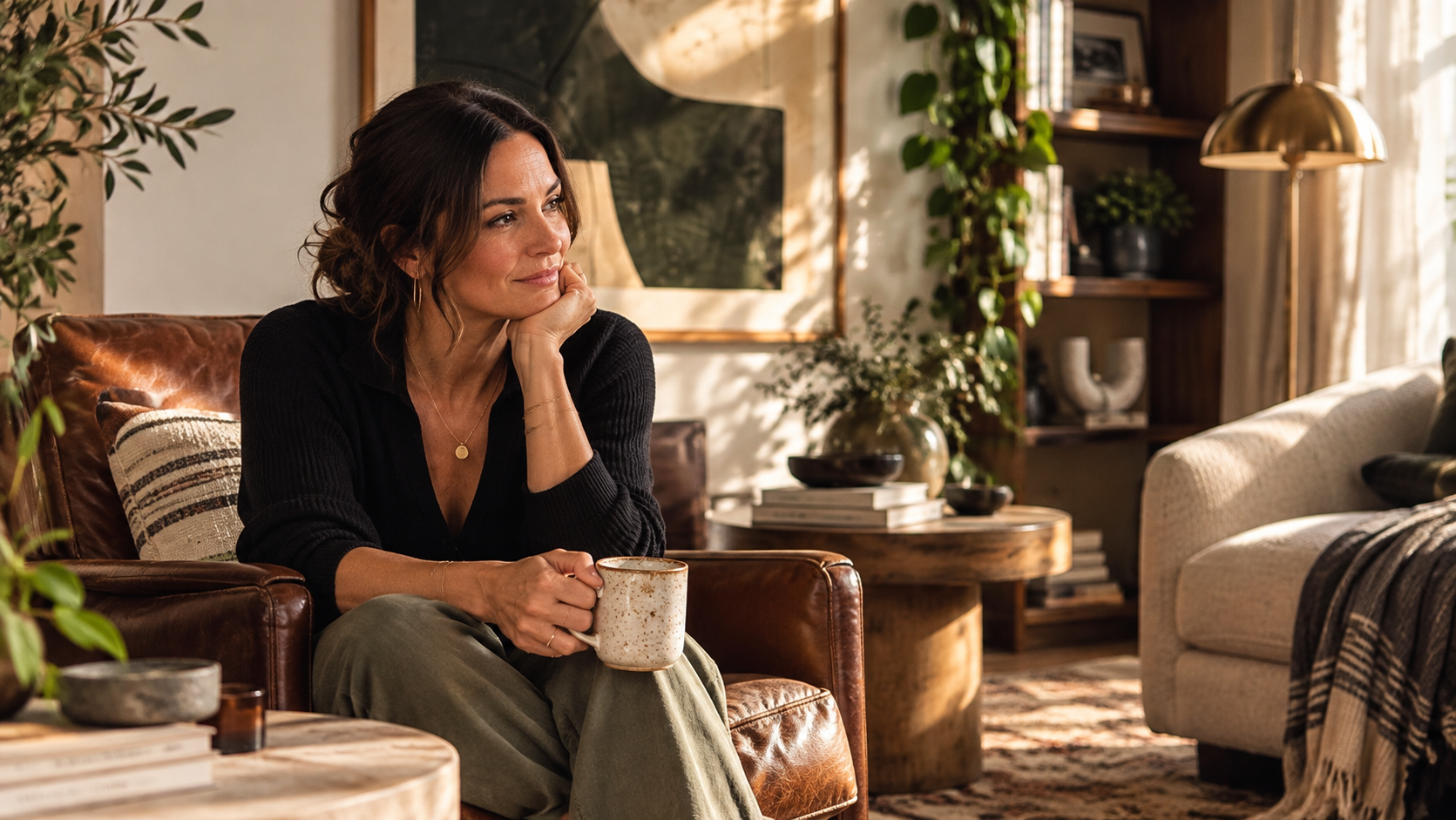 Woman holding a white mug on a brown leather couch in a cozy living room