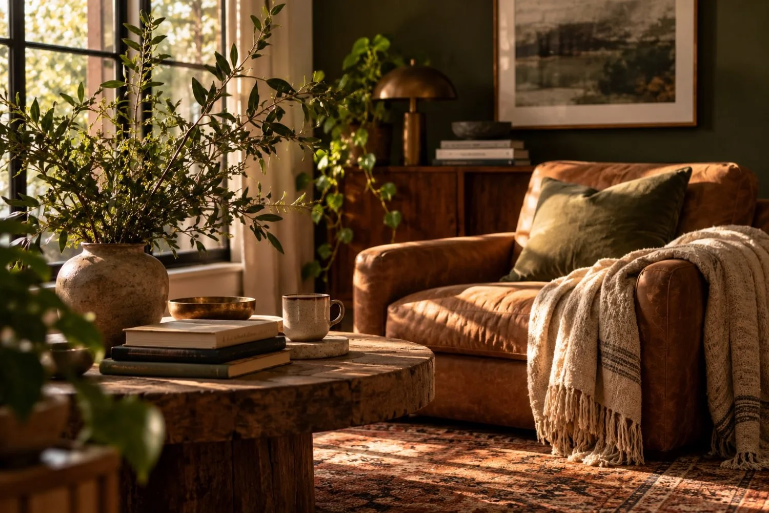 Sunlit living room with a tan leather armchair, cream knit throw, round wood coffee table with books and a mug, and a large plant by the window