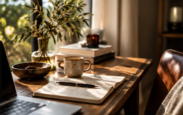 A wooden desk with an open journal and pen, a ceramic mug, a stack of books and a potted plant in sunlight