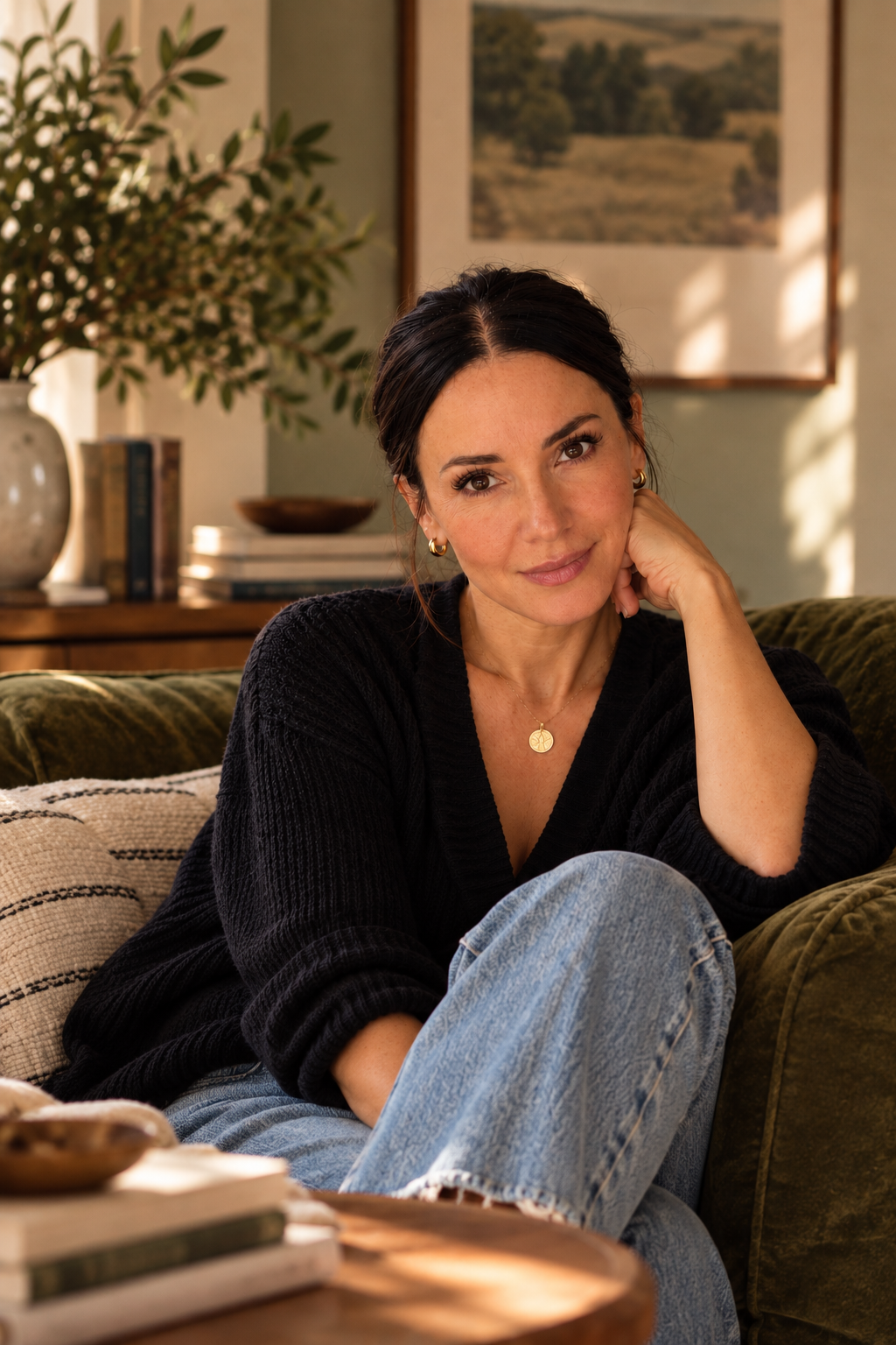 Portrait of a smiling woman with dark hair pulled back, resting her chin on her hand