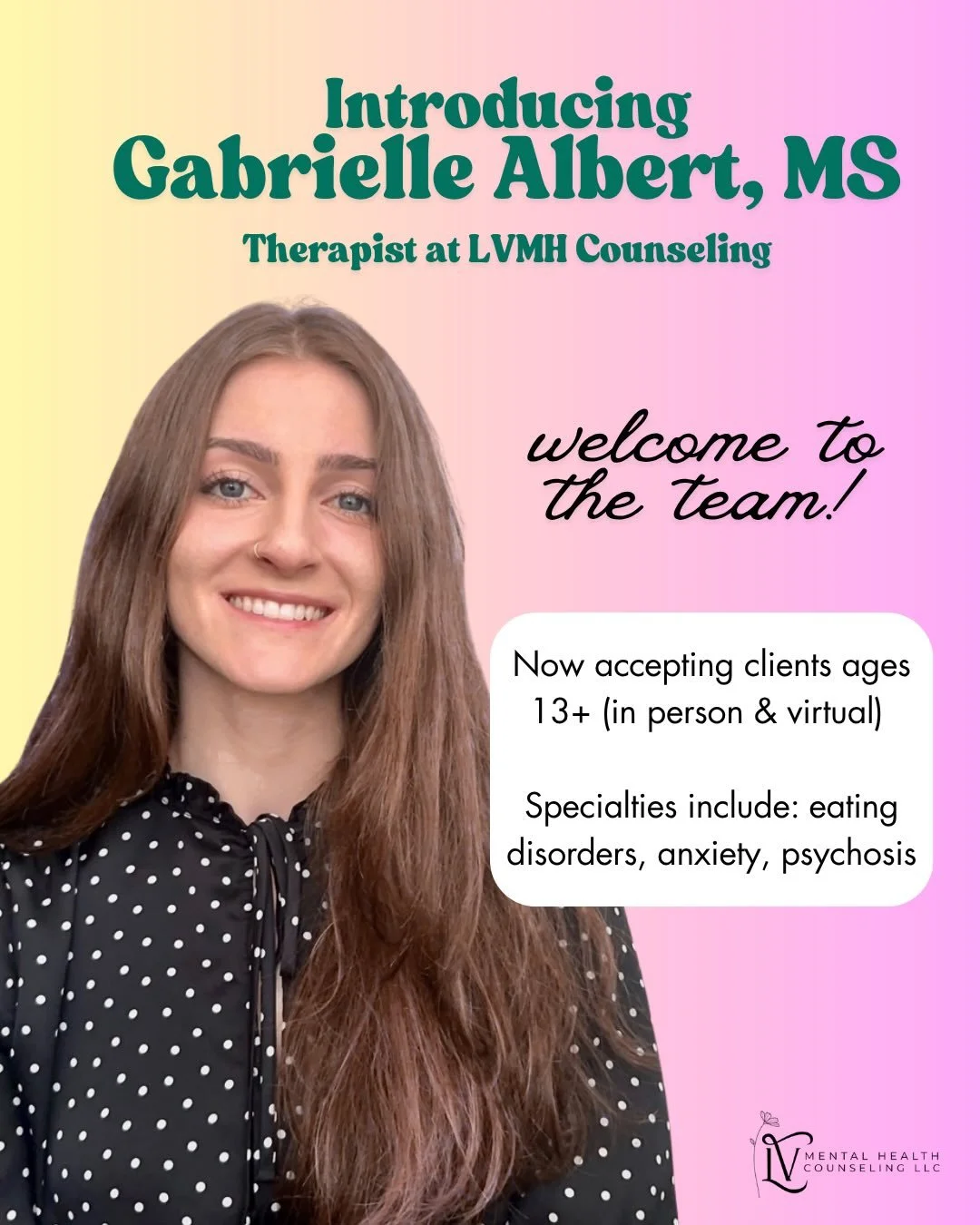 Introducing Gabrielle!✨ I am so excited to announce that she will be joining my practice in June &amp; is now scheduling intakes. Reach out for your free pre-consult call and to get added to her schedule: contact@lvmhcounseling.com.