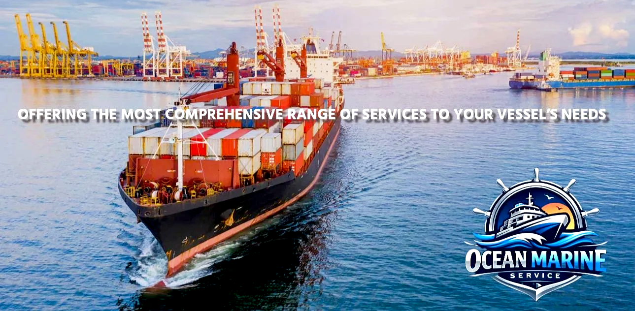A cargo ship carrying containers sailing in a busy port with cranes and numerous containers in the background, promoting ocean marine vessel services.