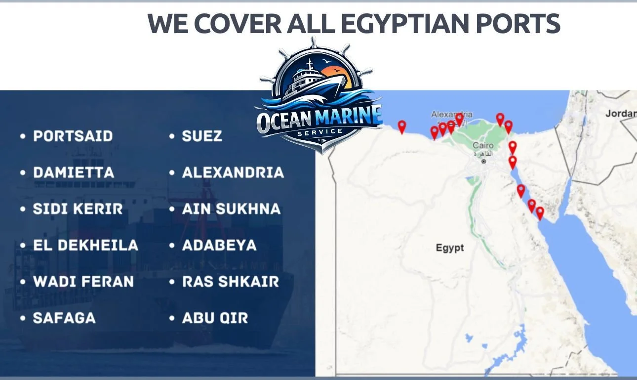 Map of Egypt showing the company's covered ports along the coast, with red location markers, and a list of cities including Port Said, Damietta, Sidi Kerir, El Dekheila, Wadi Feran, Safaga, Alexandria, Ain Sukhna, Adabeya, Ras Shkair, and Abu Qir. The company's logo, Ocean Marine Service, features a ship at sea.