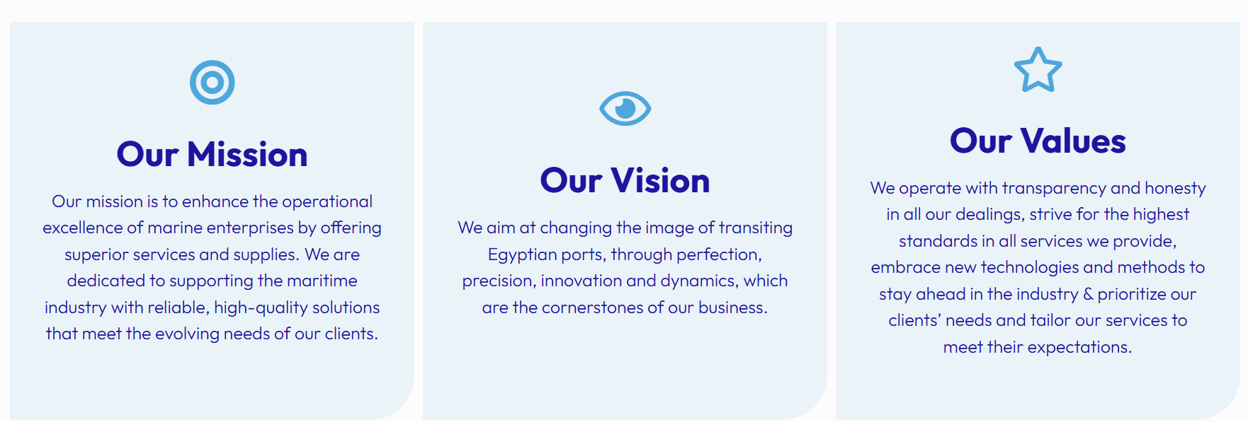 Three columns display the company's mission, vision, and values with icons: a target for the mission, an eye for the vision, and a star for the values, with each section containing descriptive text.