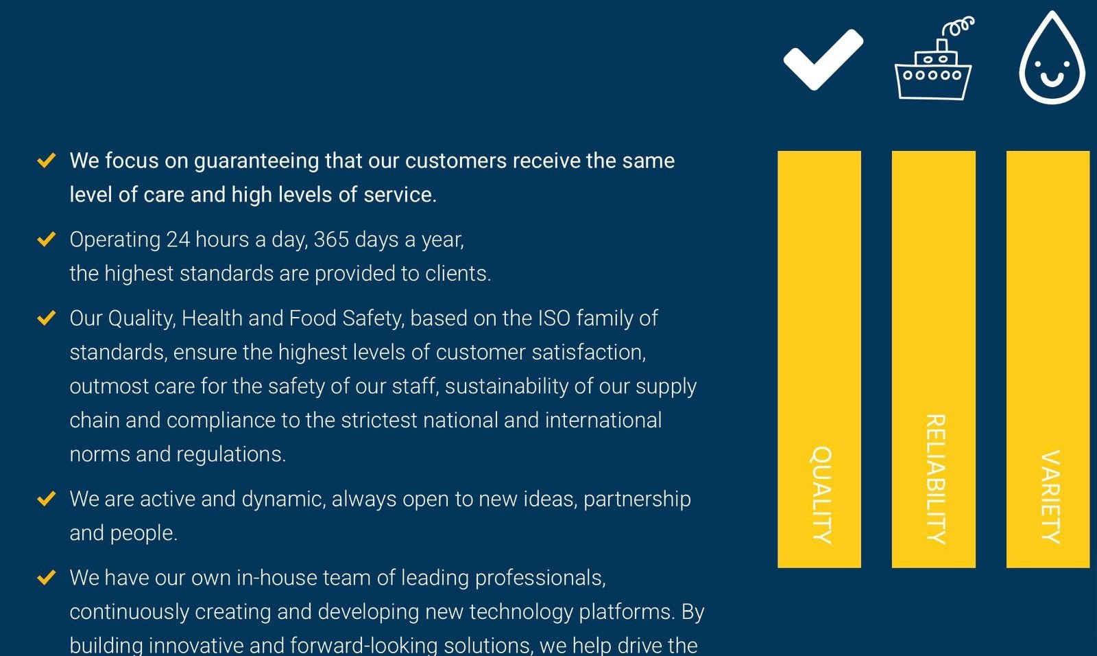 A blue presentation slide with white and yellow text. The slide contains several bullet points discussing customer care, quality, reliability, safety, and company standards, alongside three vertical yellow bars labeled 'QUALITY,' 'RELIABILITY,' and 'VARIETY.'
